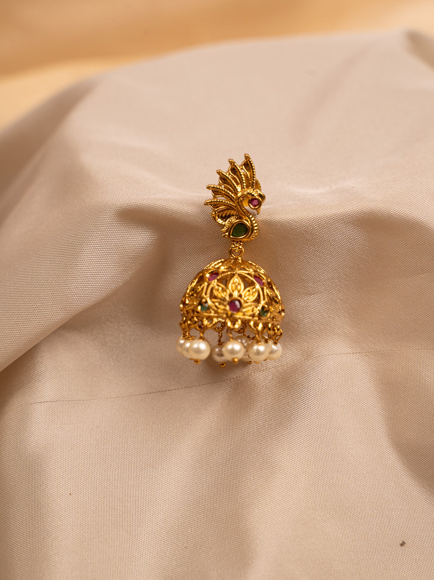 Peacock-Inspired Gold Jhumka Earrings with Pearl Drops