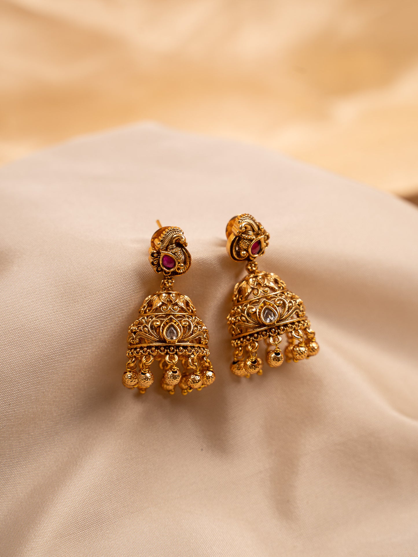 Antique Gold Jhumka Earrings with Ruby & White Stones
