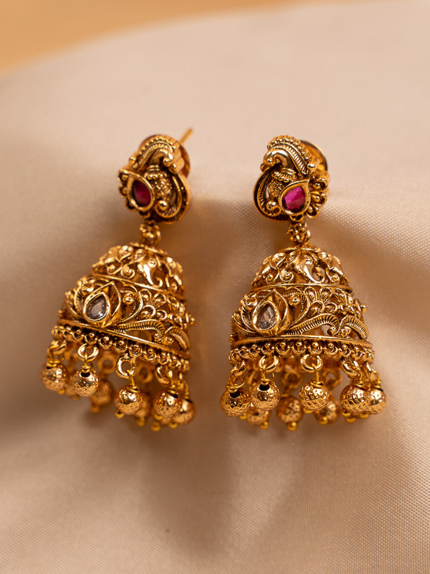 Antique Gold Jhumka Earrings with Ruby & White Stones