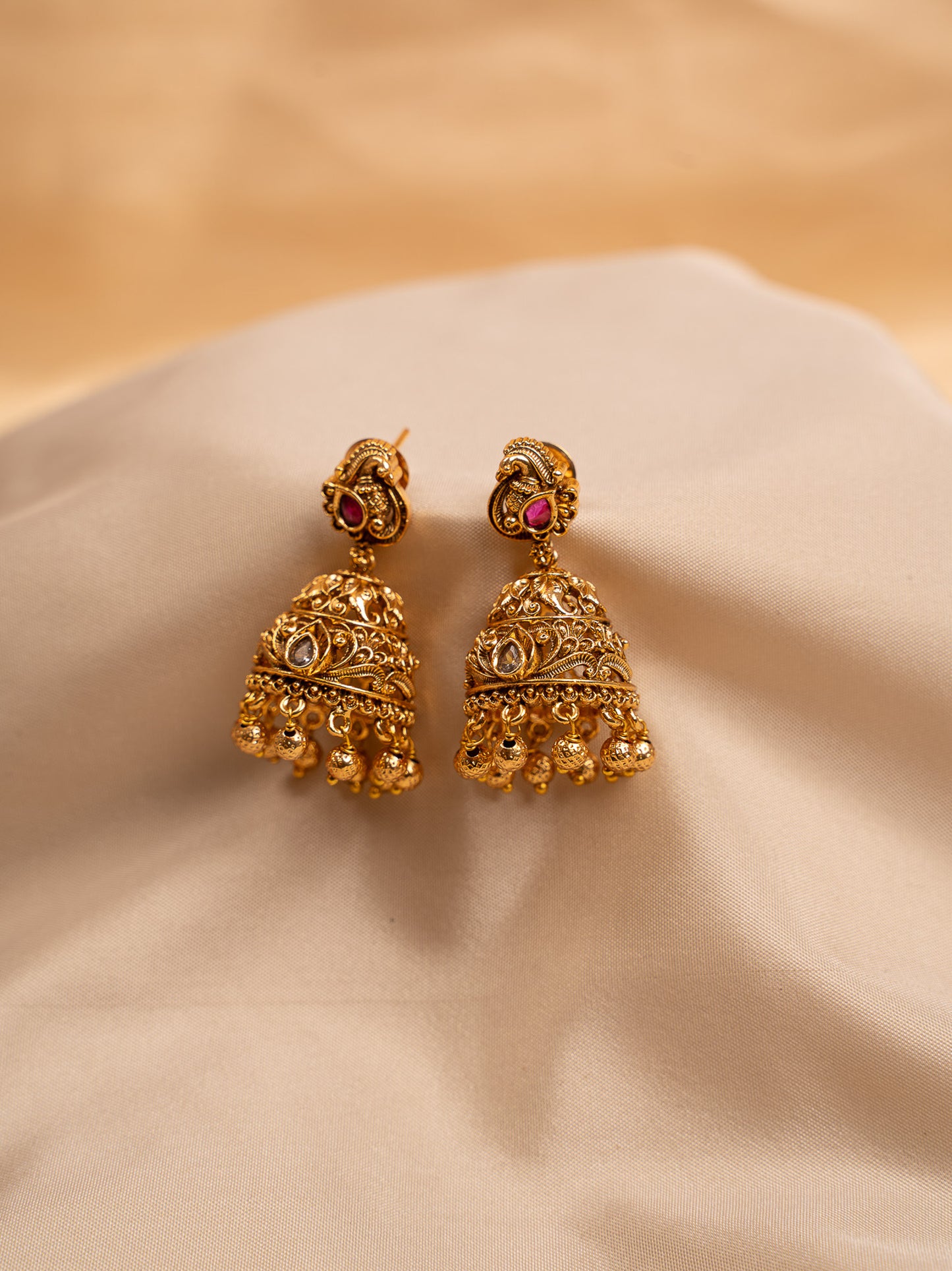 Antique Gold Jhumka Earrings with Ruby & White Stones