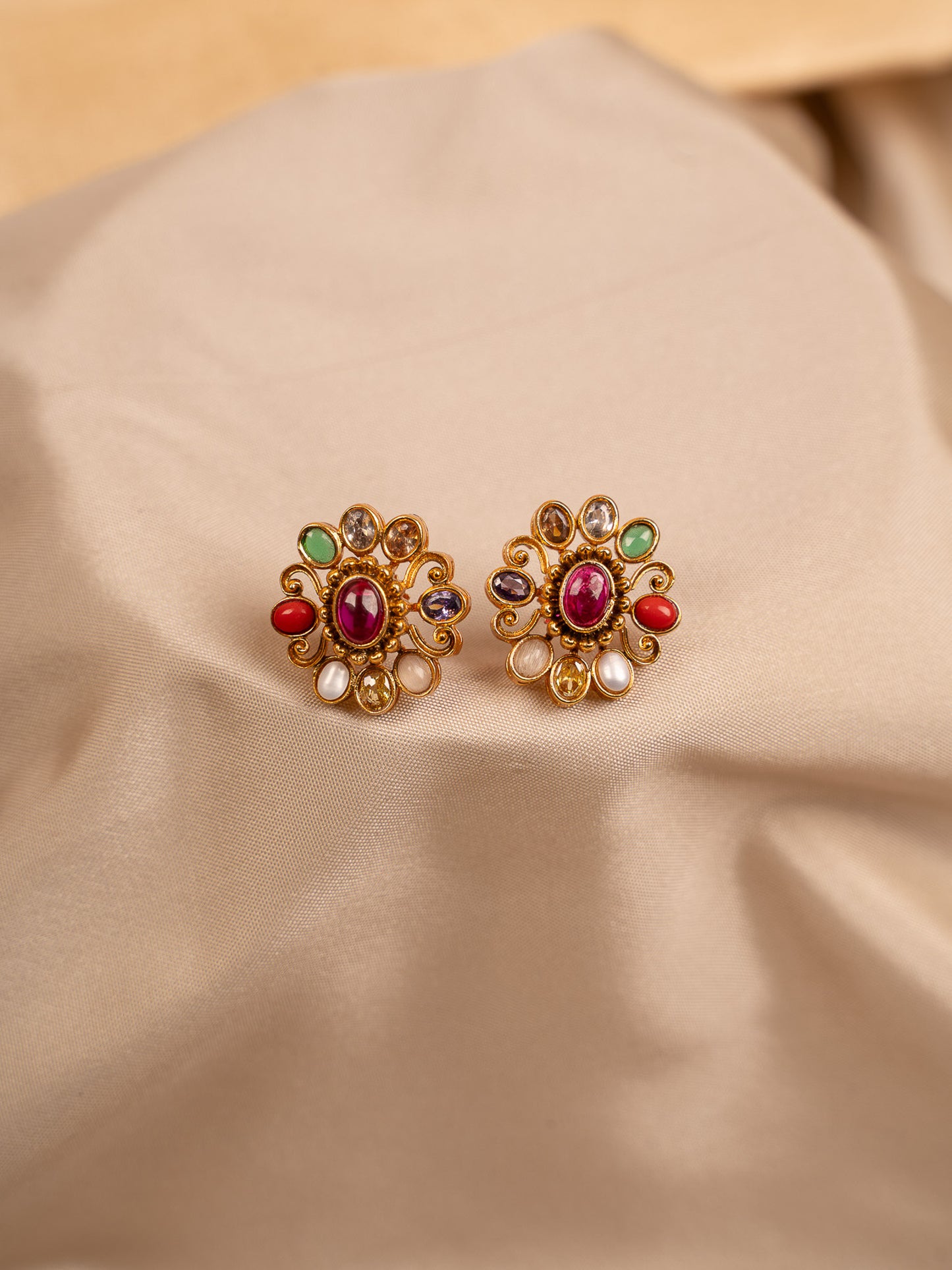 Royal Navaratna Stud Earrings with Gold Finish
