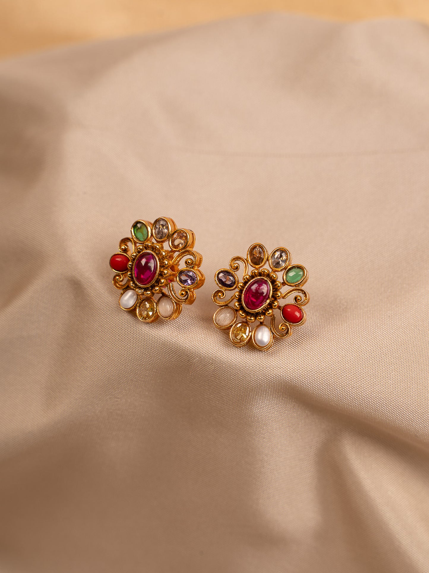 Royal Navaratna Stud Earrings with Gold Finish