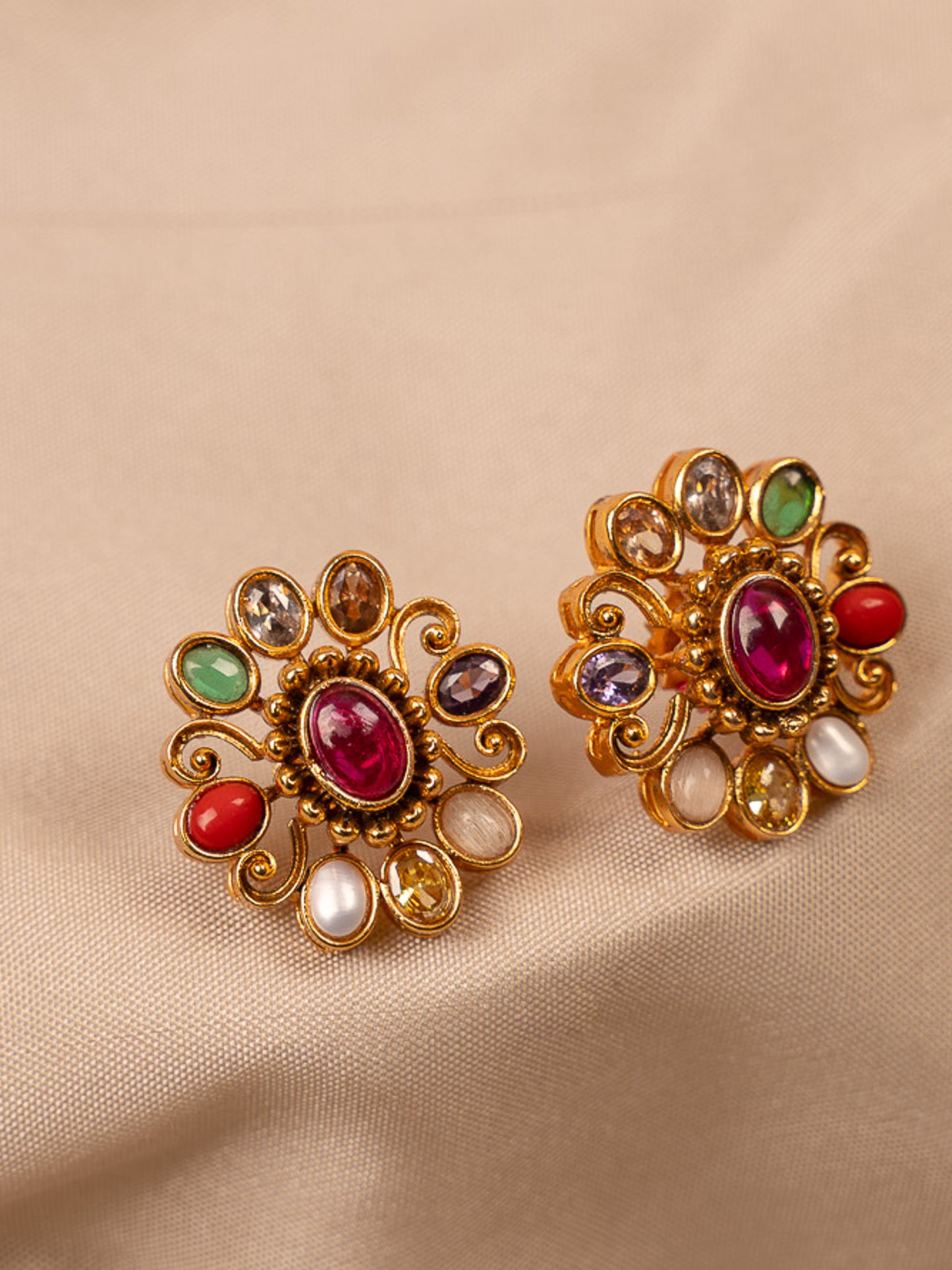 Royal Navaratna Stud Earrings with Gold Finish