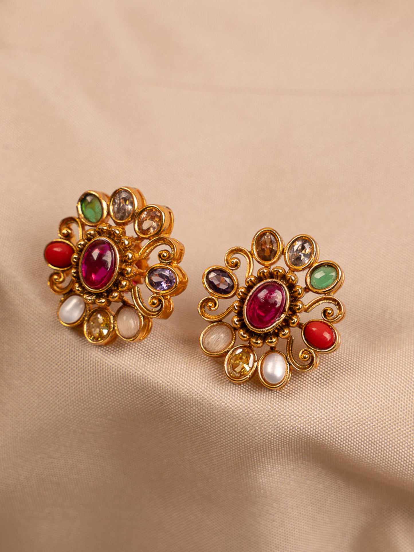 Royal Navaratna Stud Earrings with Gold Finish