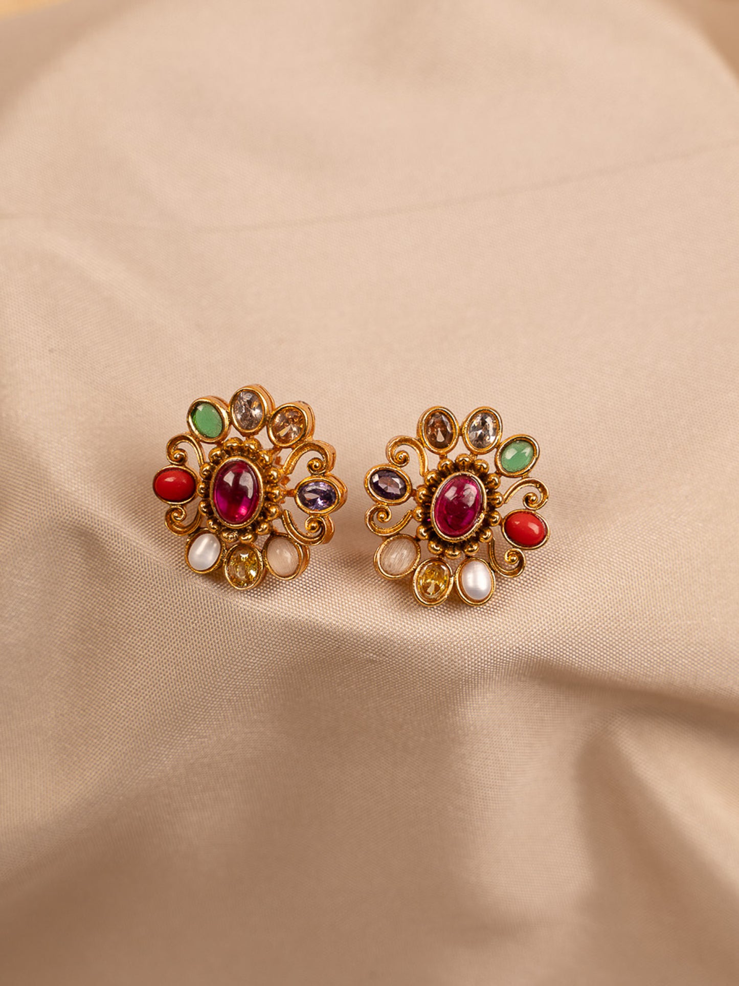 Royal Navaratna Stud Earrings with Gold Finish