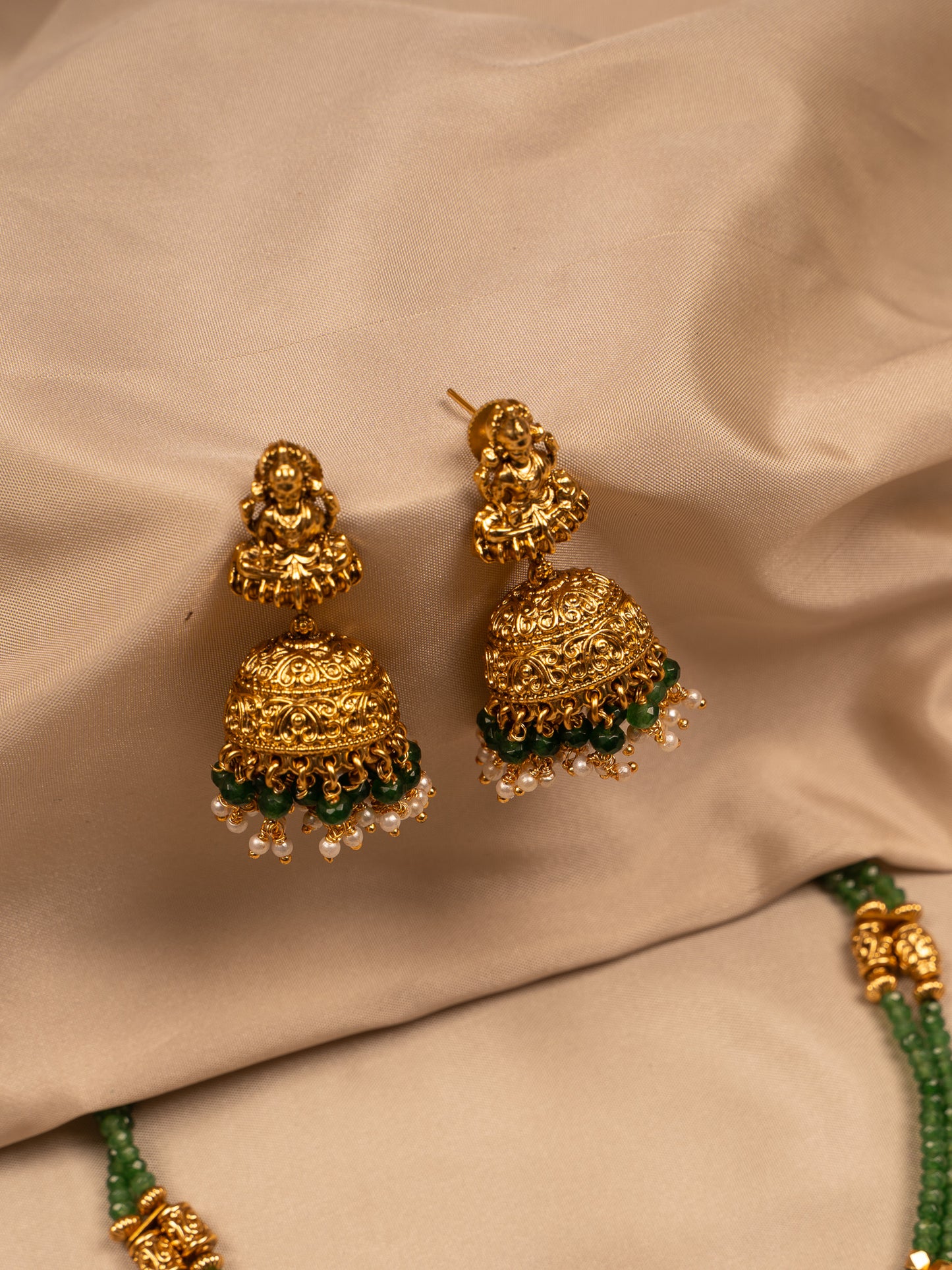 Goddess Lakshmi Antique Necklace Set with Green Beads & Jhumka Earrings KC922