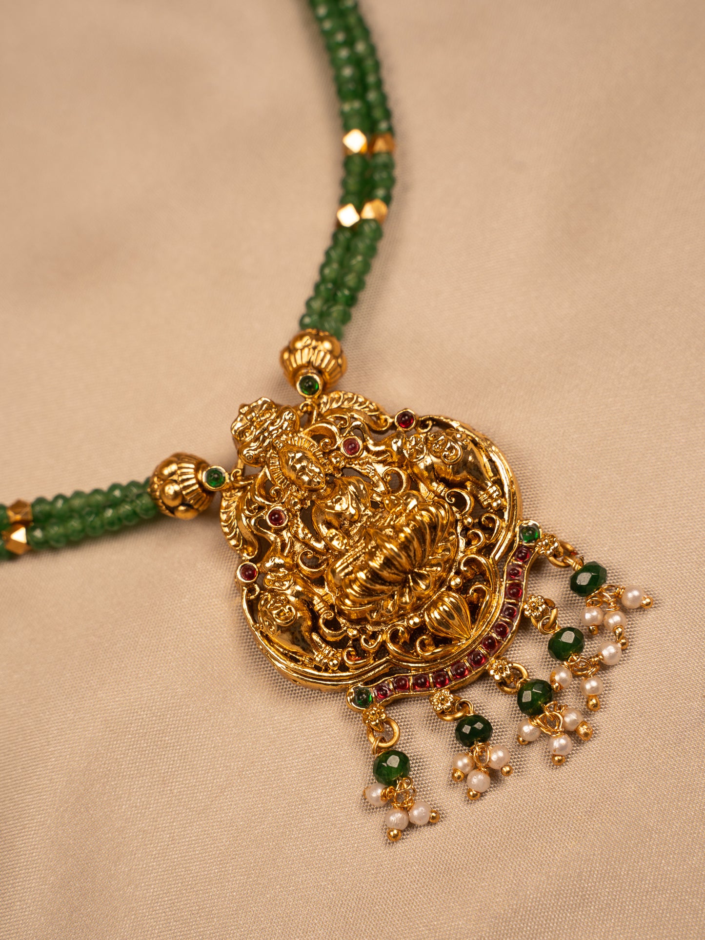 Goddess Lakshmi Antique Necklace Set with Green Beads & Jhumka Earrings KC922
