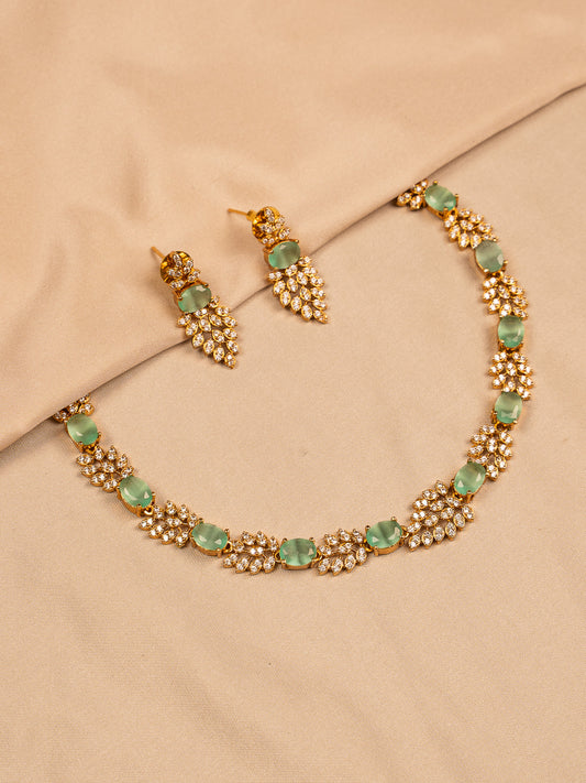 Mint Green Stone Necklace Set with Leaf Crystal Detailing