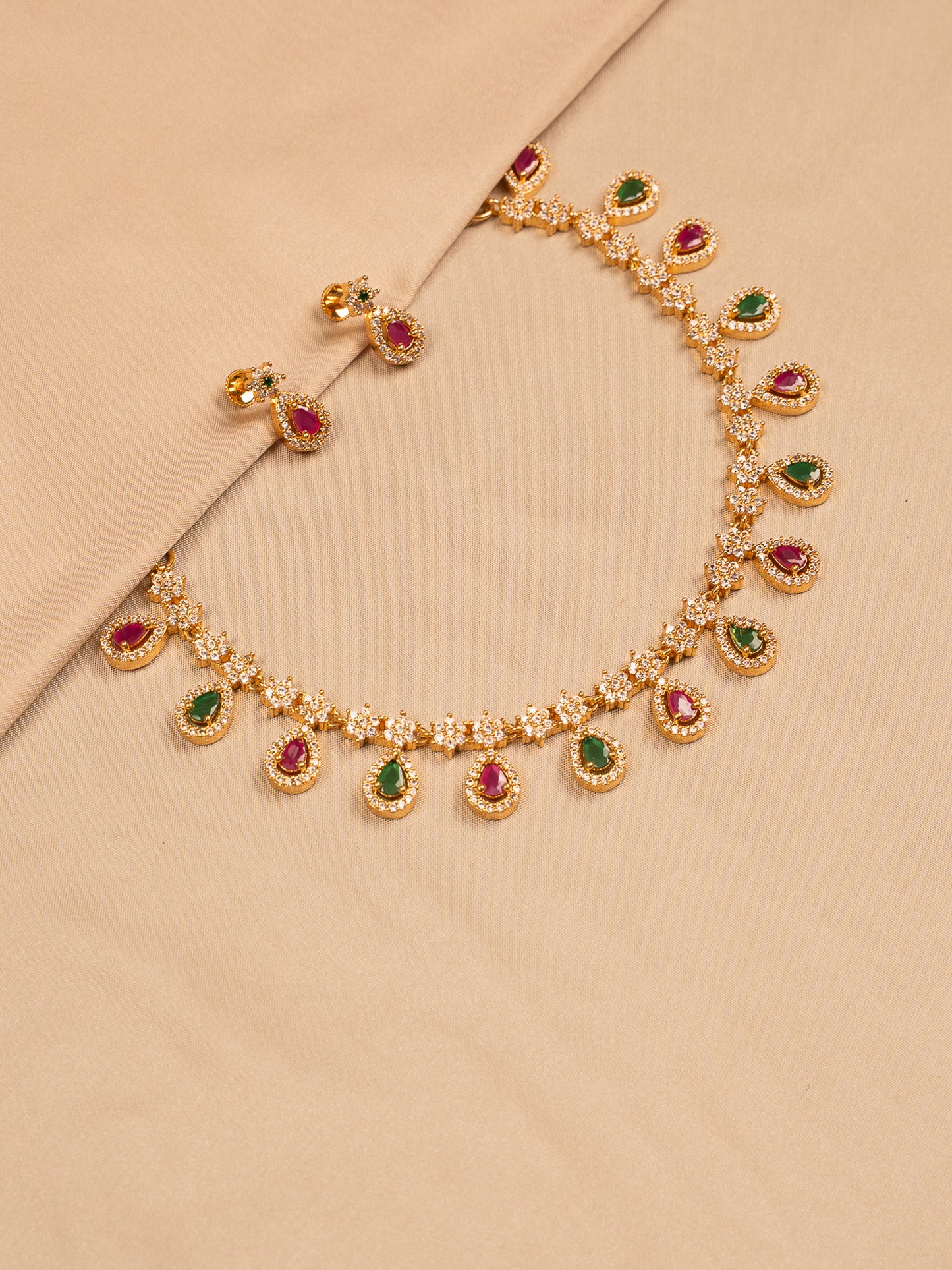 Gold Plated Stone Necklace Set with Green & Ruby Teardrop Charms