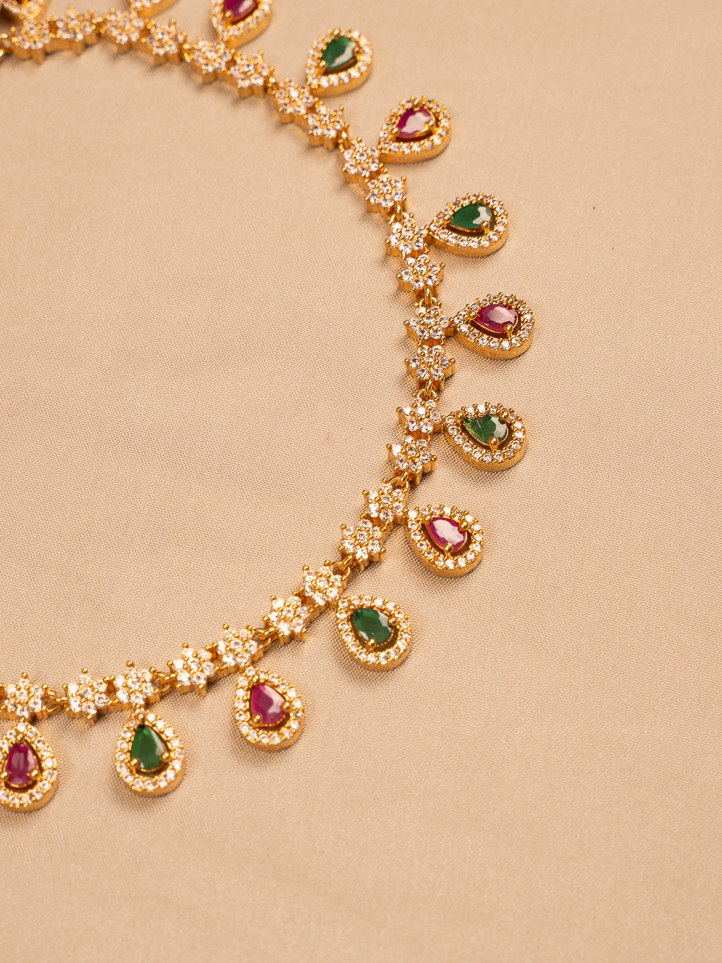 Gold Plated Stone Necklace Set with Green & Ruby Teardrop Charms