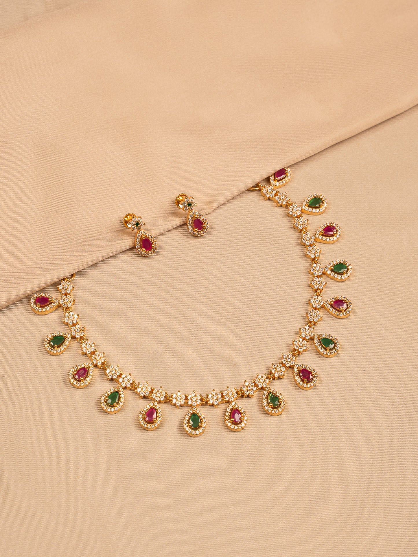 Gold Plated Stone Necklace Set with Green & Ruby Teardrop Charms