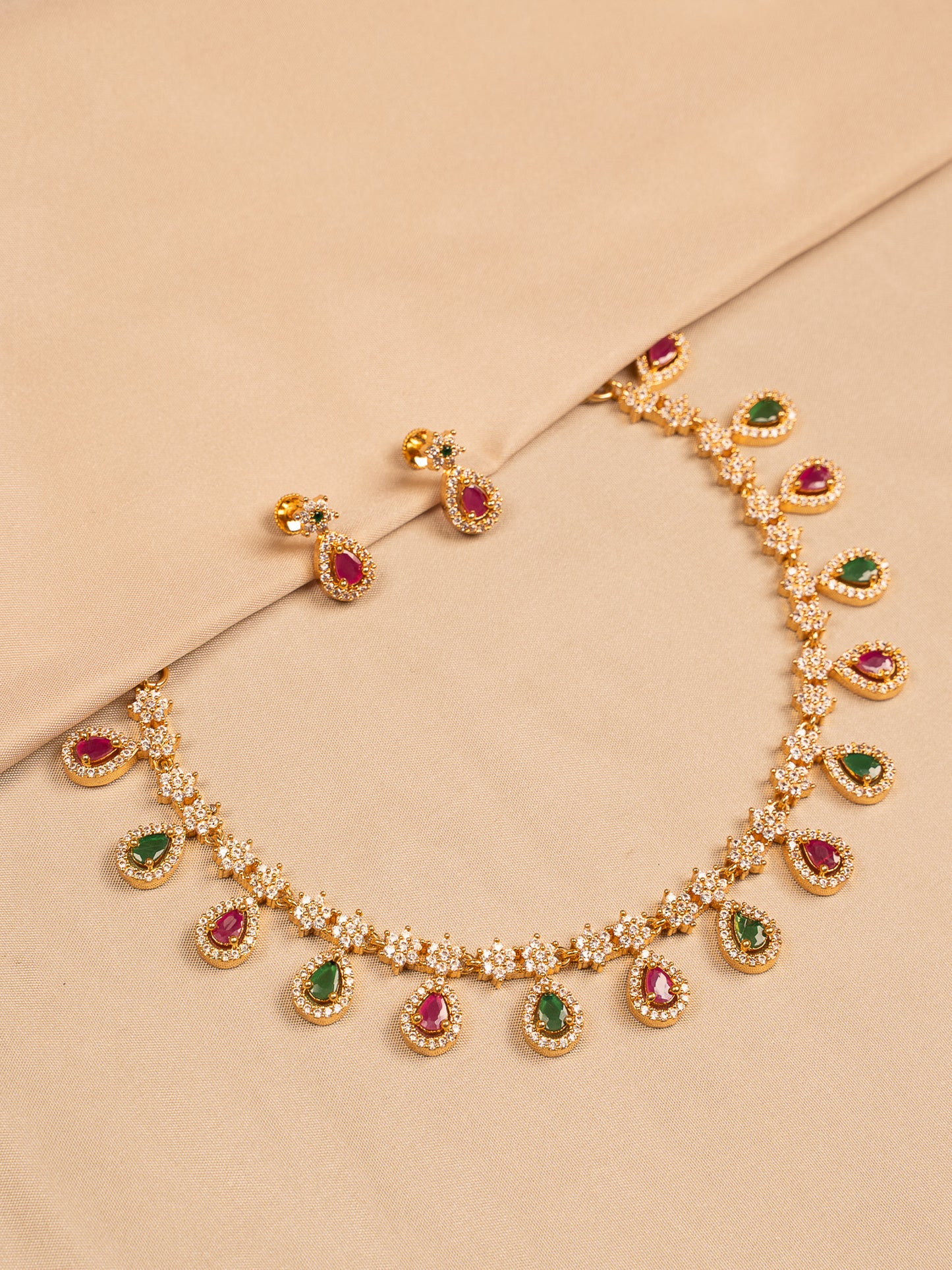 Gold Plated Stone Necklace Set with Green & Ruby Teardrop Charms