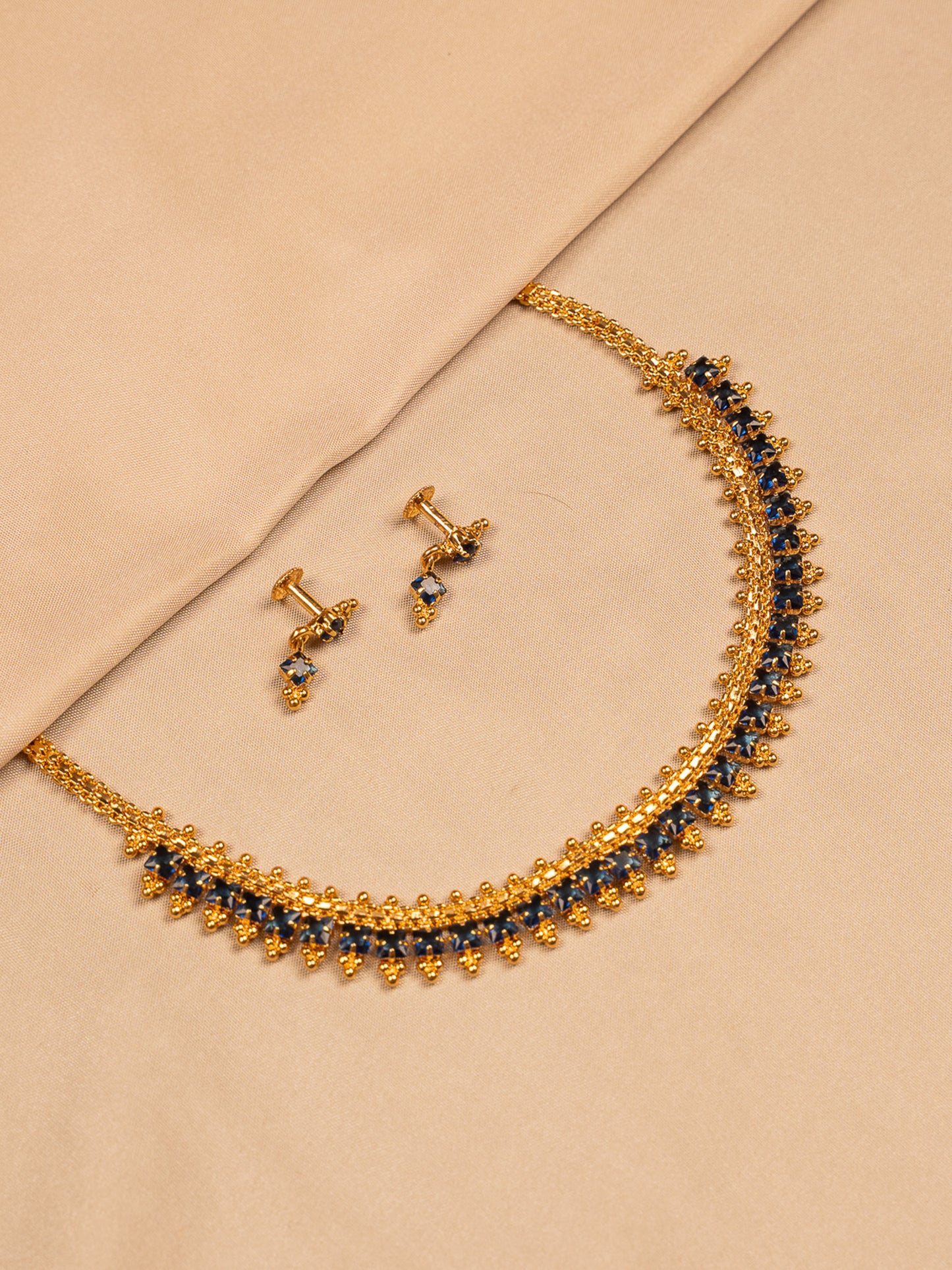 Gold-Plated Choker Set with Sapphire Blue Stones & Matching Studs
