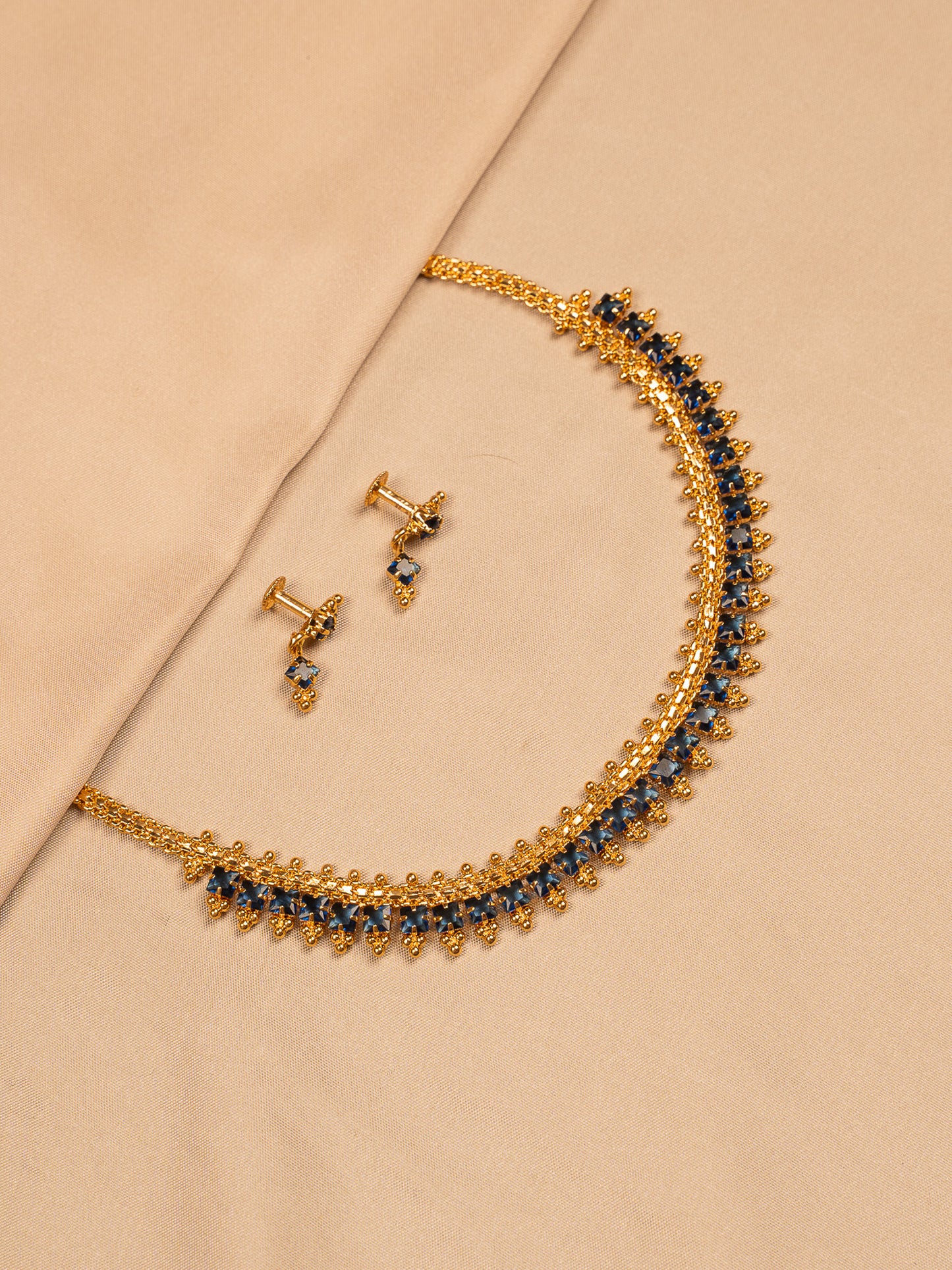 Gold-Plated Choker Set with Sapphire Blue Stones & Matching Studs