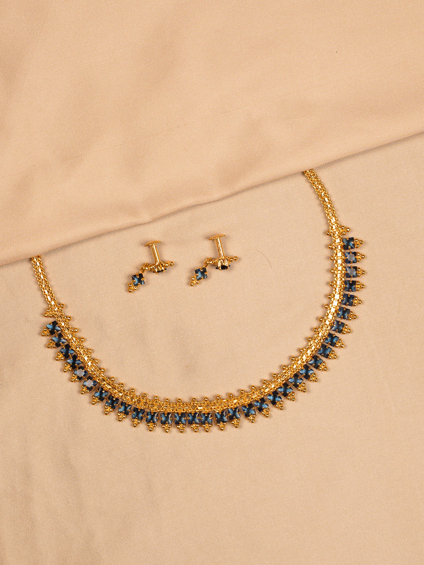Gold-Plated Choker Set with Sapphire Blue Stones & Matching Studs