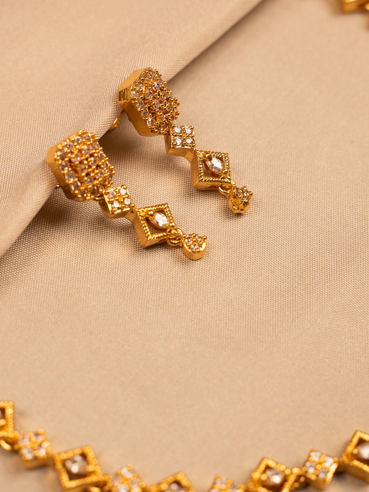 Gold Plated Geometric Necklace Set with American Diamond Accents
