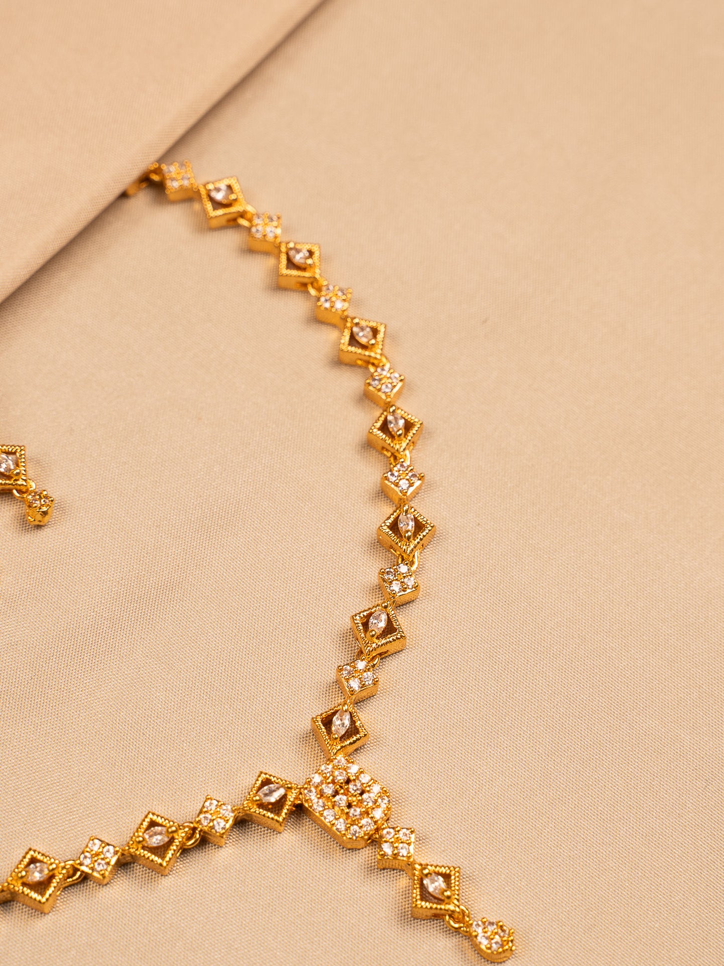 Gold Plated Geometric Necklace Set with American Diamond Accents