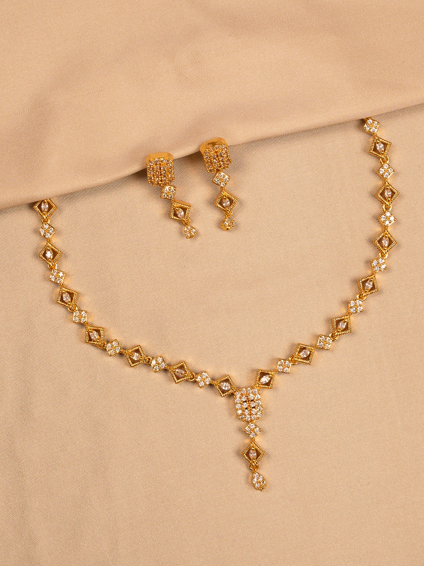 Gold Plated Geometric Necklace Set with American Diamond Accents