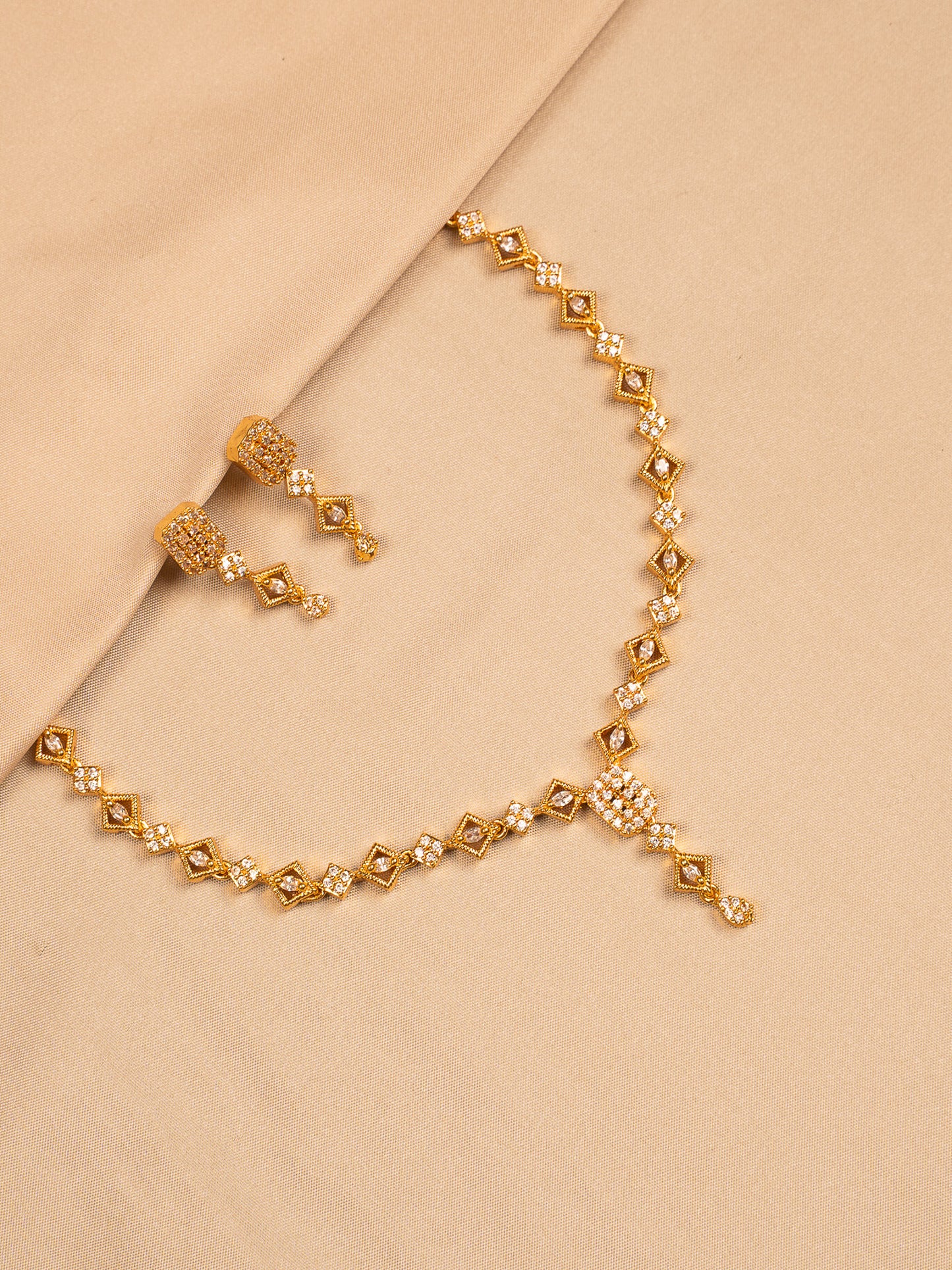 Gold Plated Geometric Necklace Set with American Diamond Accents