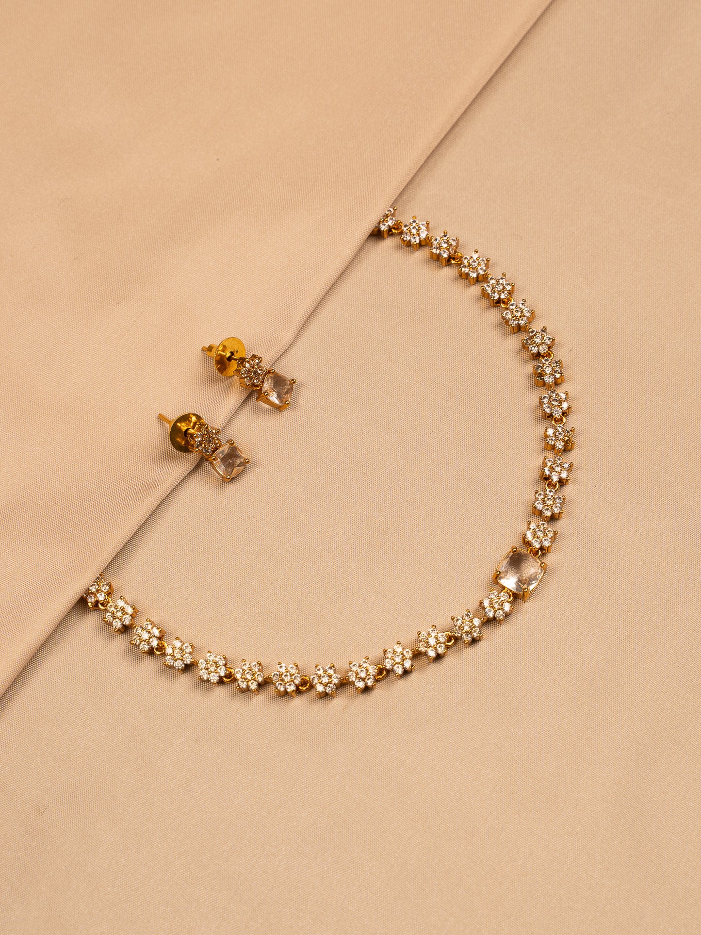 Floral Crystal Gold Necklace Set with Stud Earrings