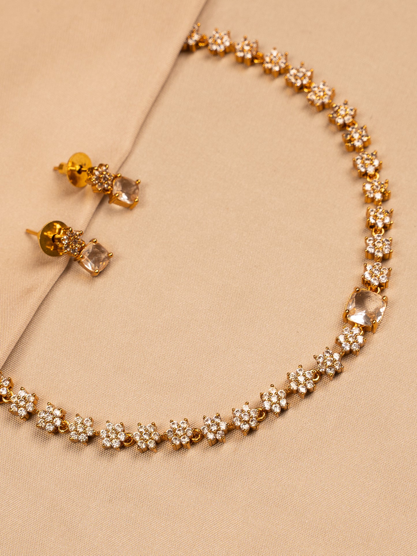 Floral Crystal Gold Necklace Set with Stud Earrings