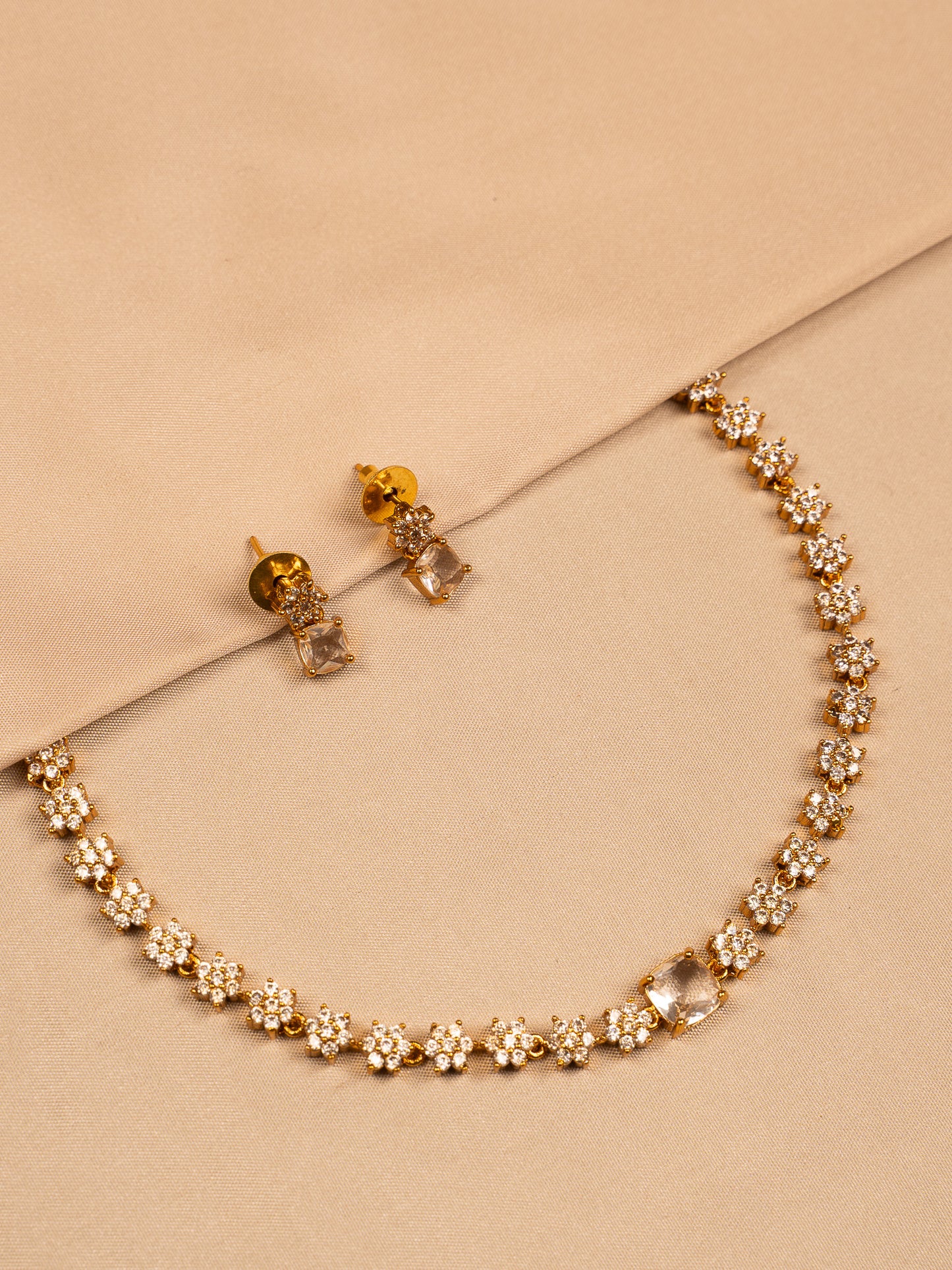 Floral Crystal Gold Necklace Set with Stud Earrings