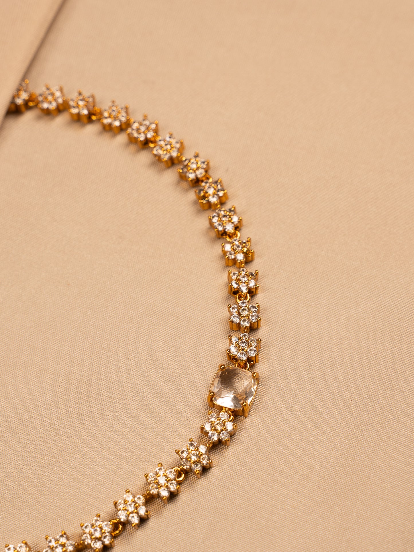 Floral Crystal Gold Necklace Set with Stud Earrings