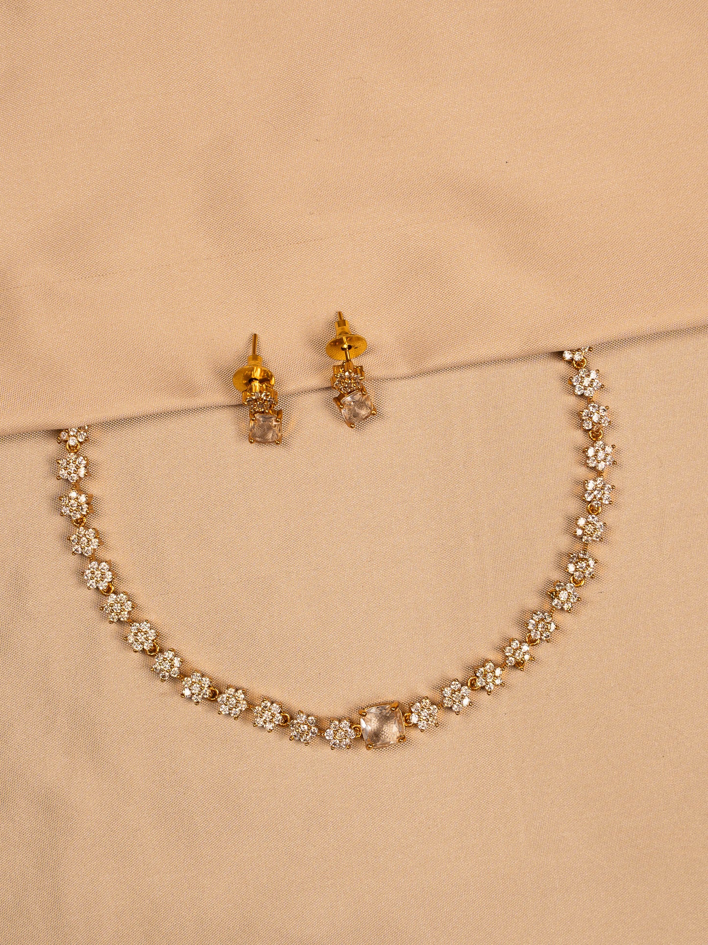 Floral Crystal Gold Necklace Set with Stud Earrings