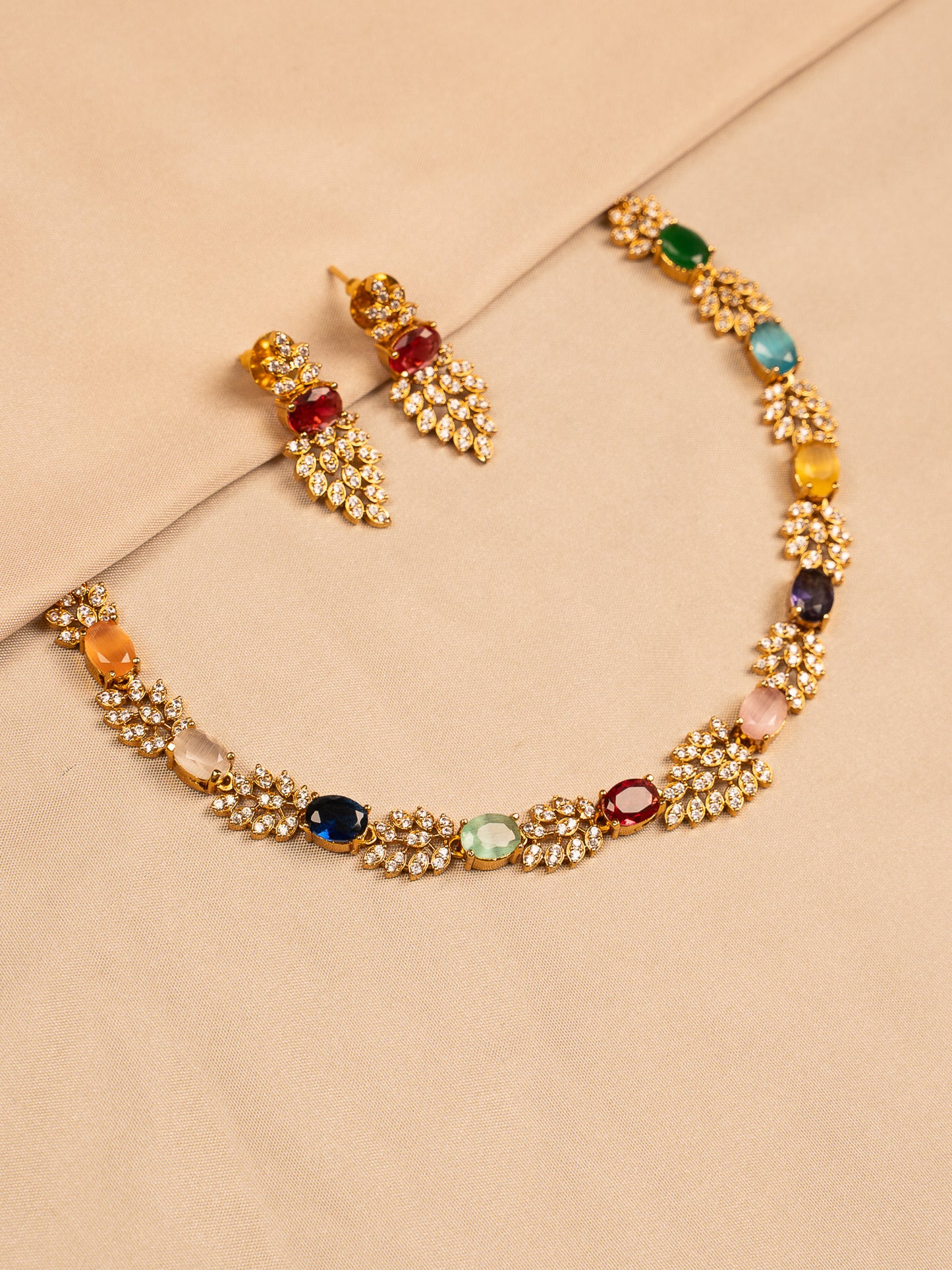 Royal Navaratna Necklace Set with American Diamonds