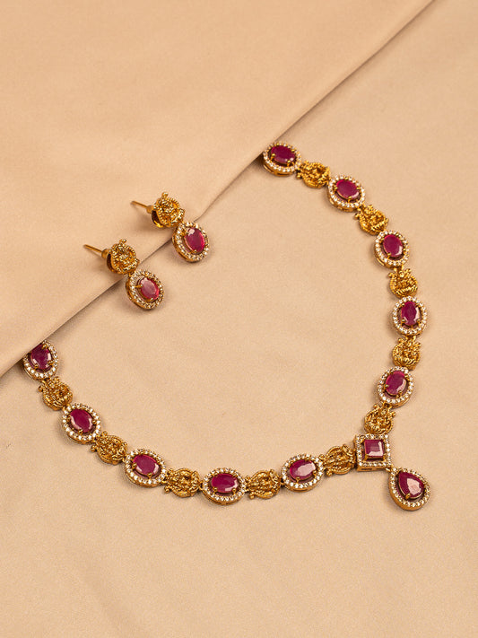 Regal Ruby Oval Necklace Set with Textured Gold Links