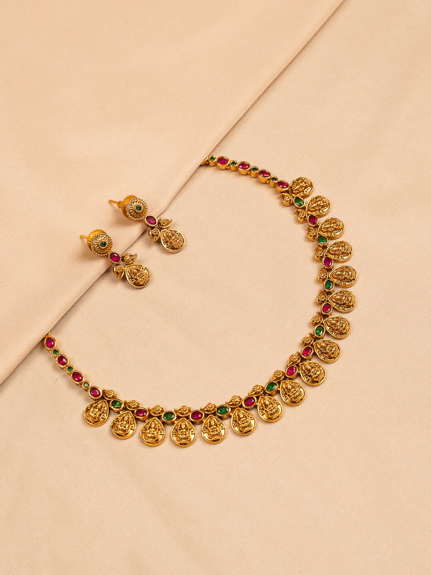 Antique Temple Coin Necklace Set with Ruby & Emerald Accents
