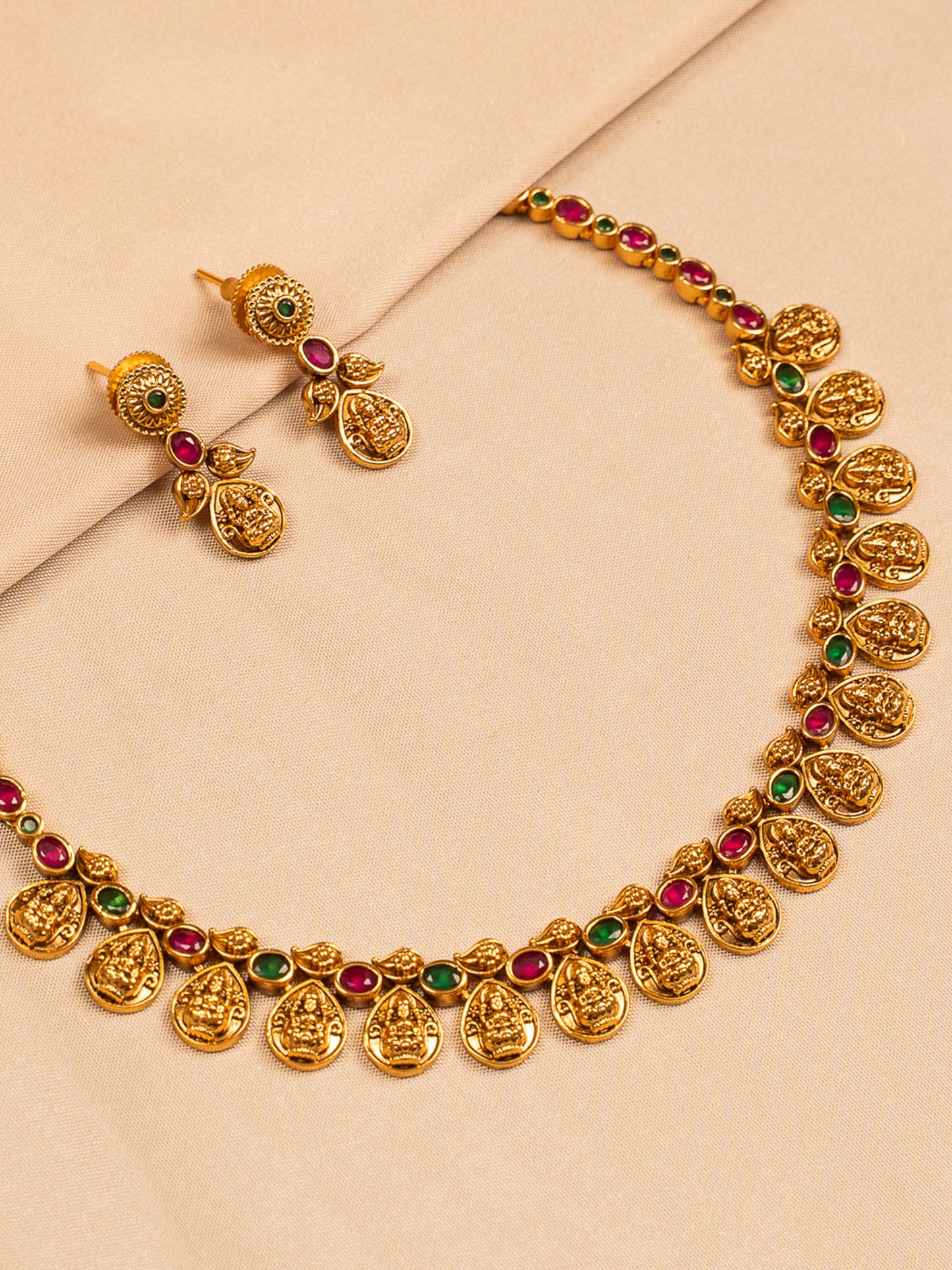 Antique Temple Coin Necklace Set with Ruby & Emerald Accents