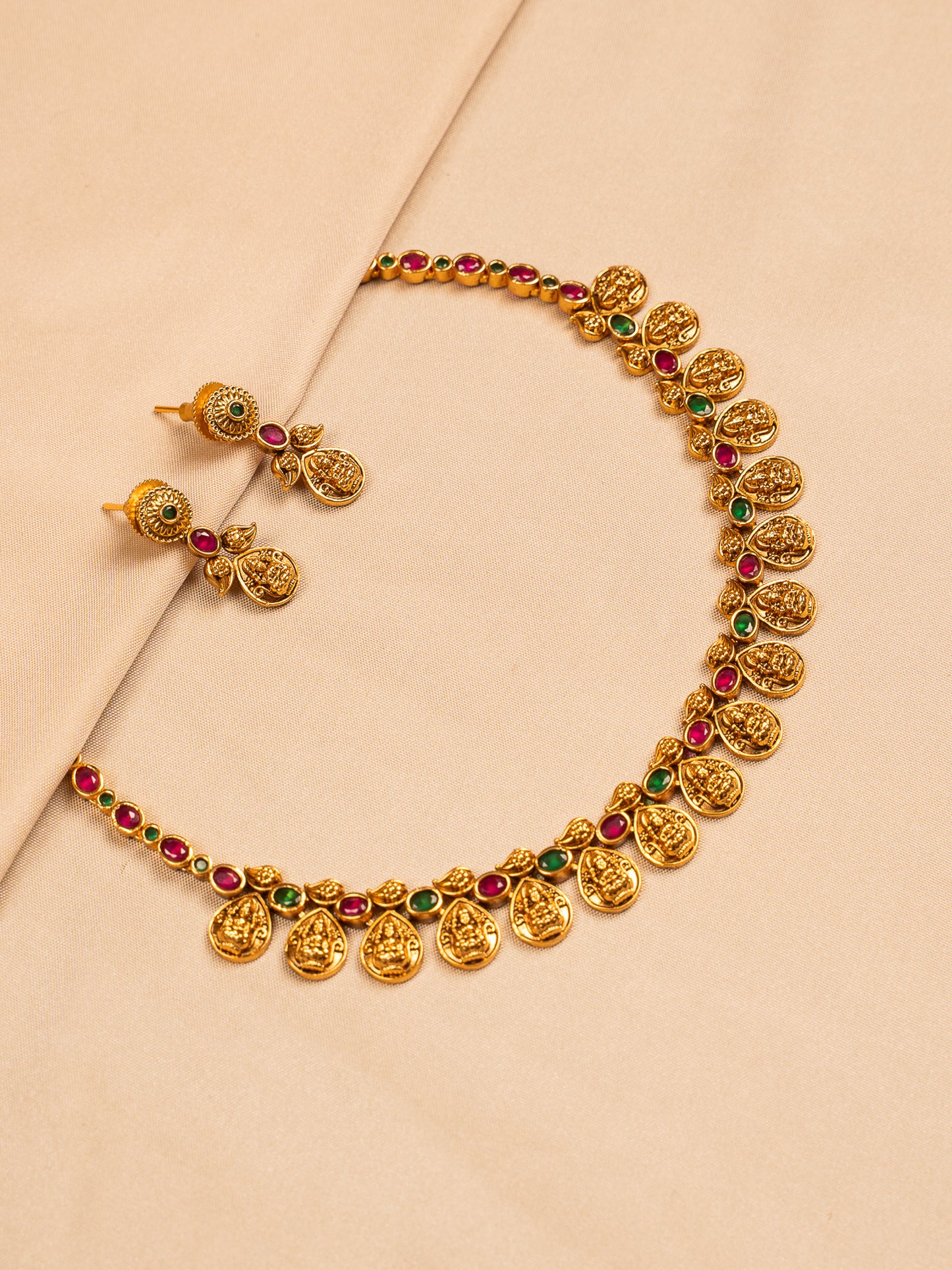 Antique Temple Coin Necklace Set with Ruby & Emerald Accents