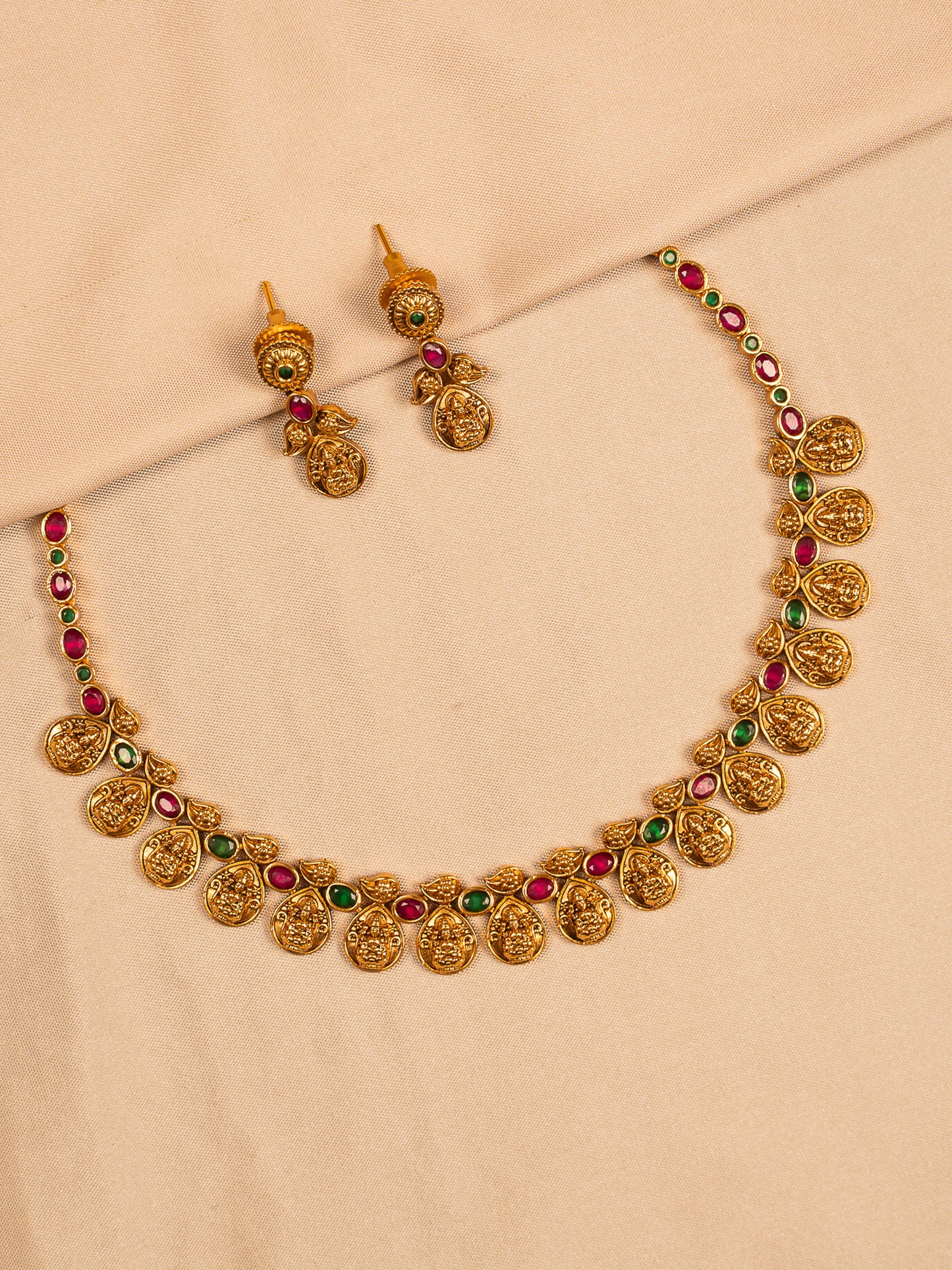 Antique Temple Coin Necklace Set with Ruby & Emerald Accents