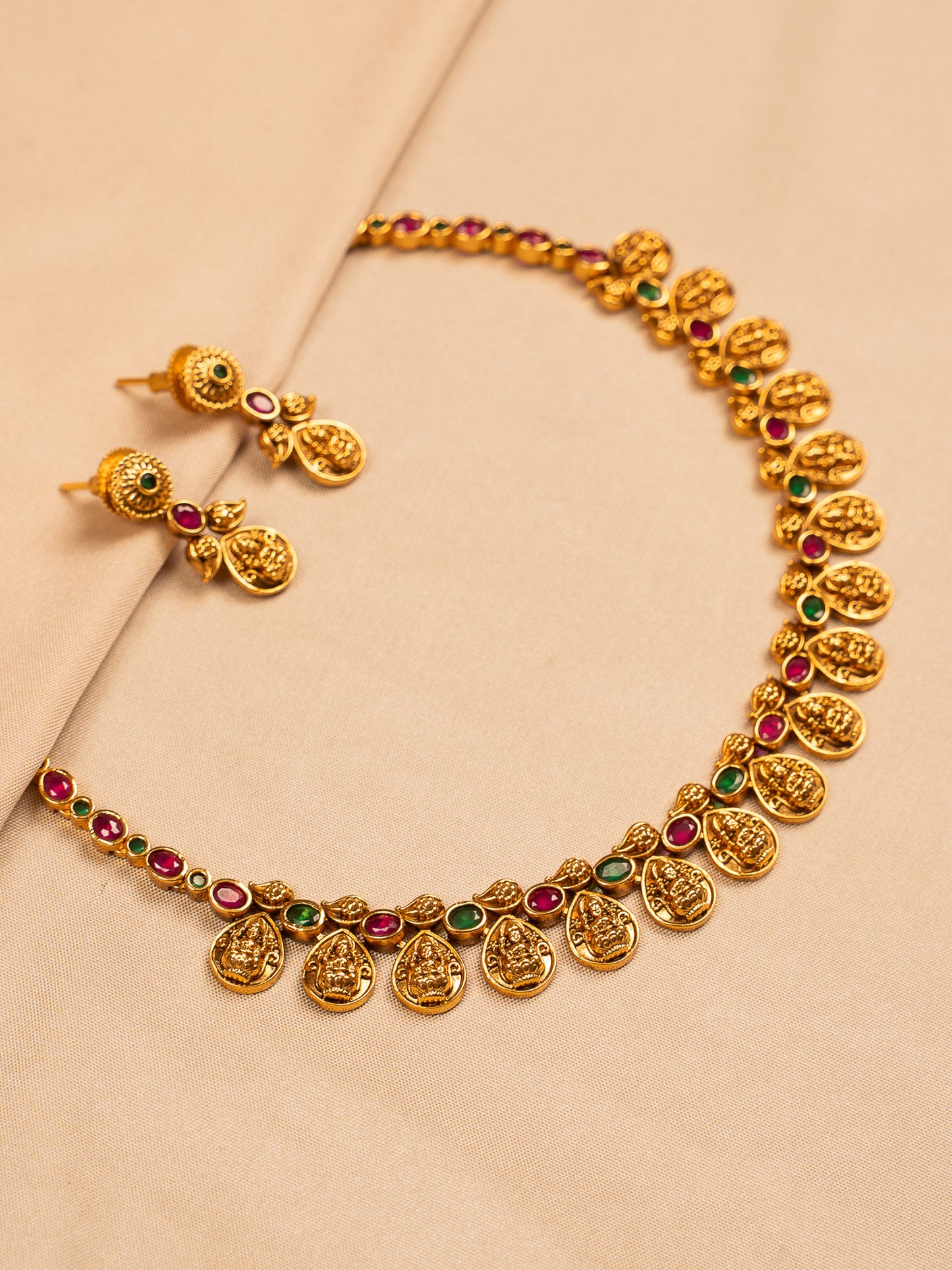 Antique Temple Coin Necklace Set with Ruby & Emerald Accents