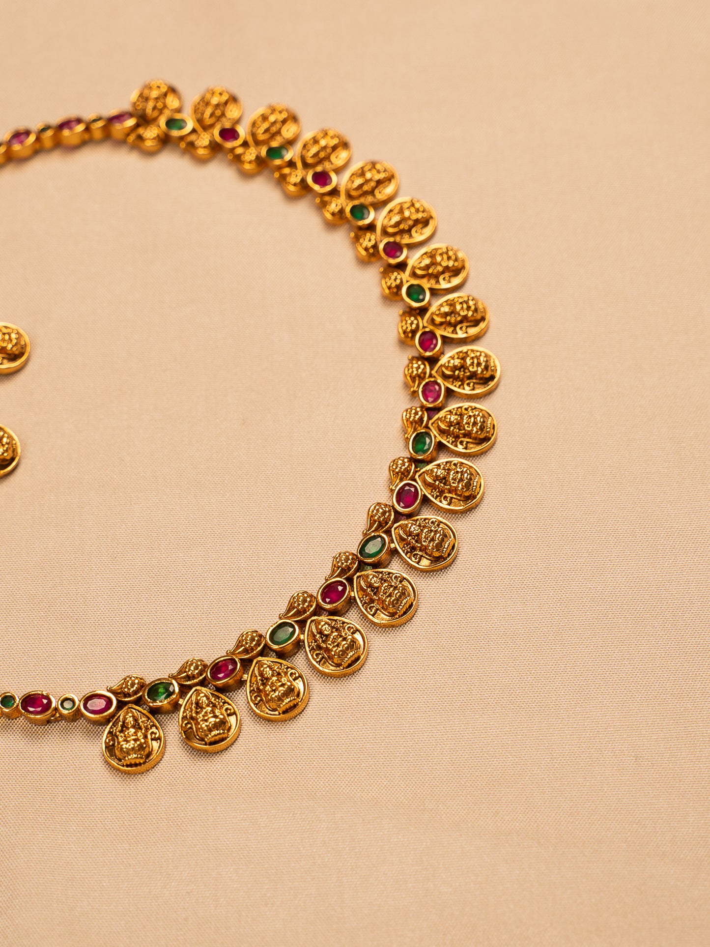 Antique Temple Coin Necklace Set with Ruby & Emerald Accents