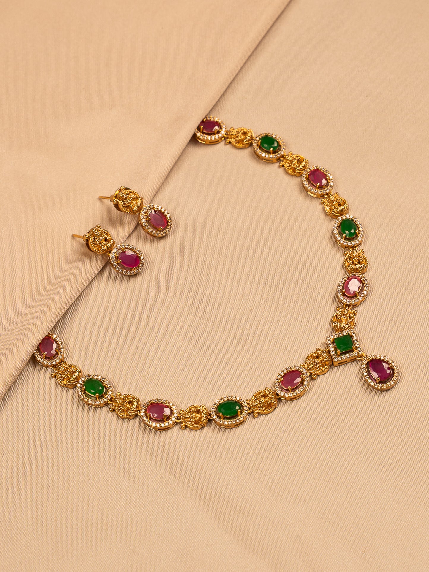 Regal Ruby and Emerald Necklace Set with Gold Filigree and CZ Accents