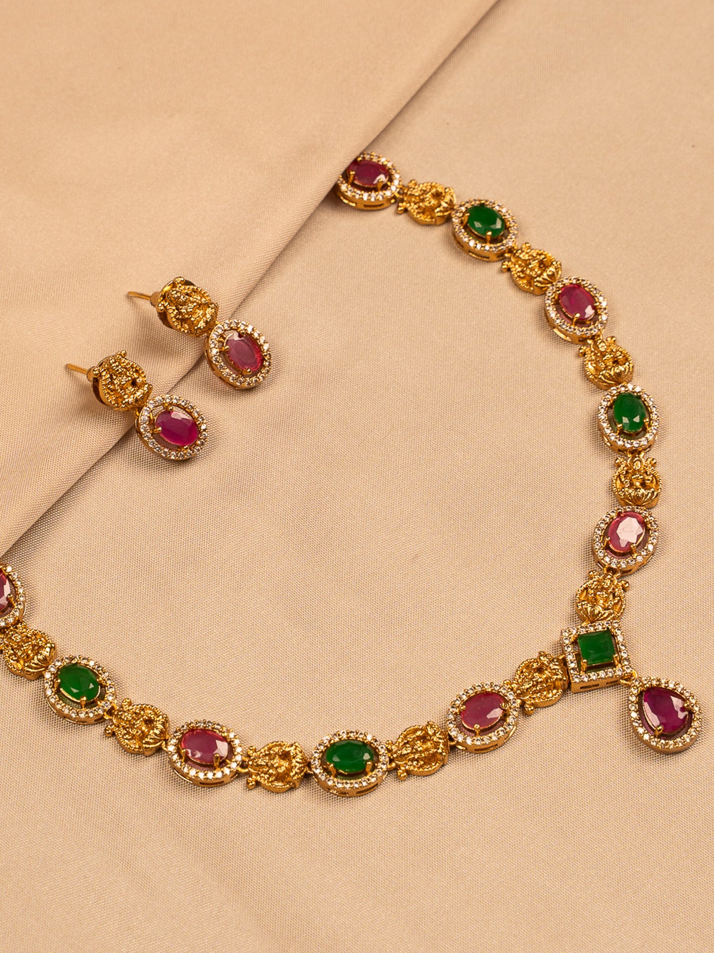 Regal Ruby and Emerald Necklace Set with Gold Filigree and CZ Accents