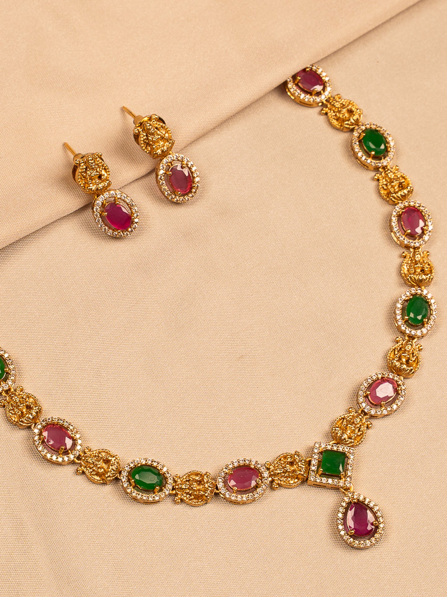 Regal Ruby and Emerald Necklace Set with Gold Filigree and CZ Accents