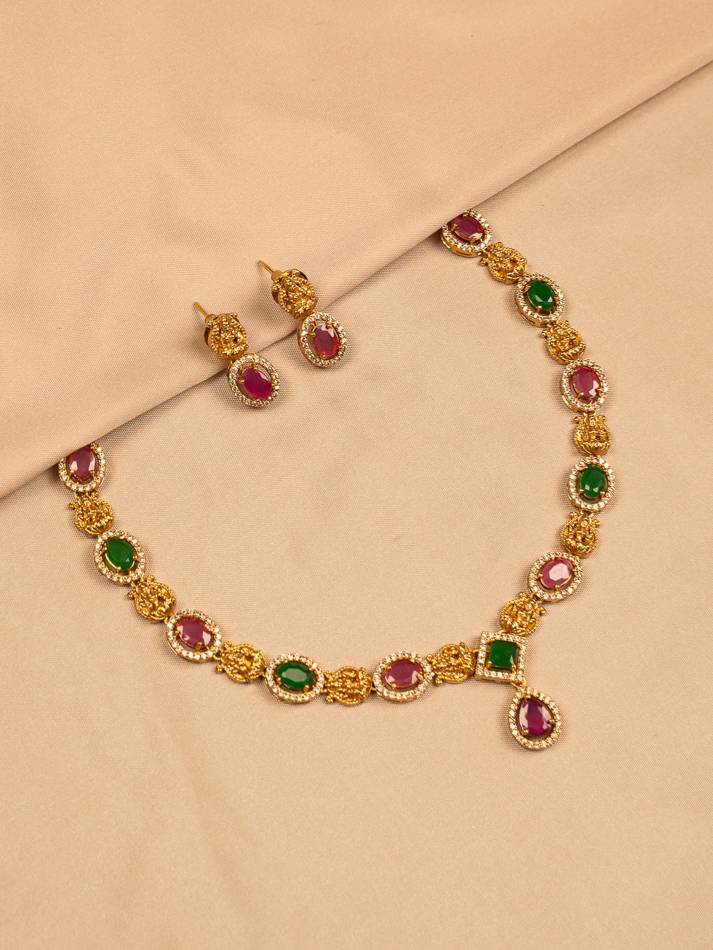 Regal Ruby and Emerald Necklace Set with Gold Filigree and CZ Accents