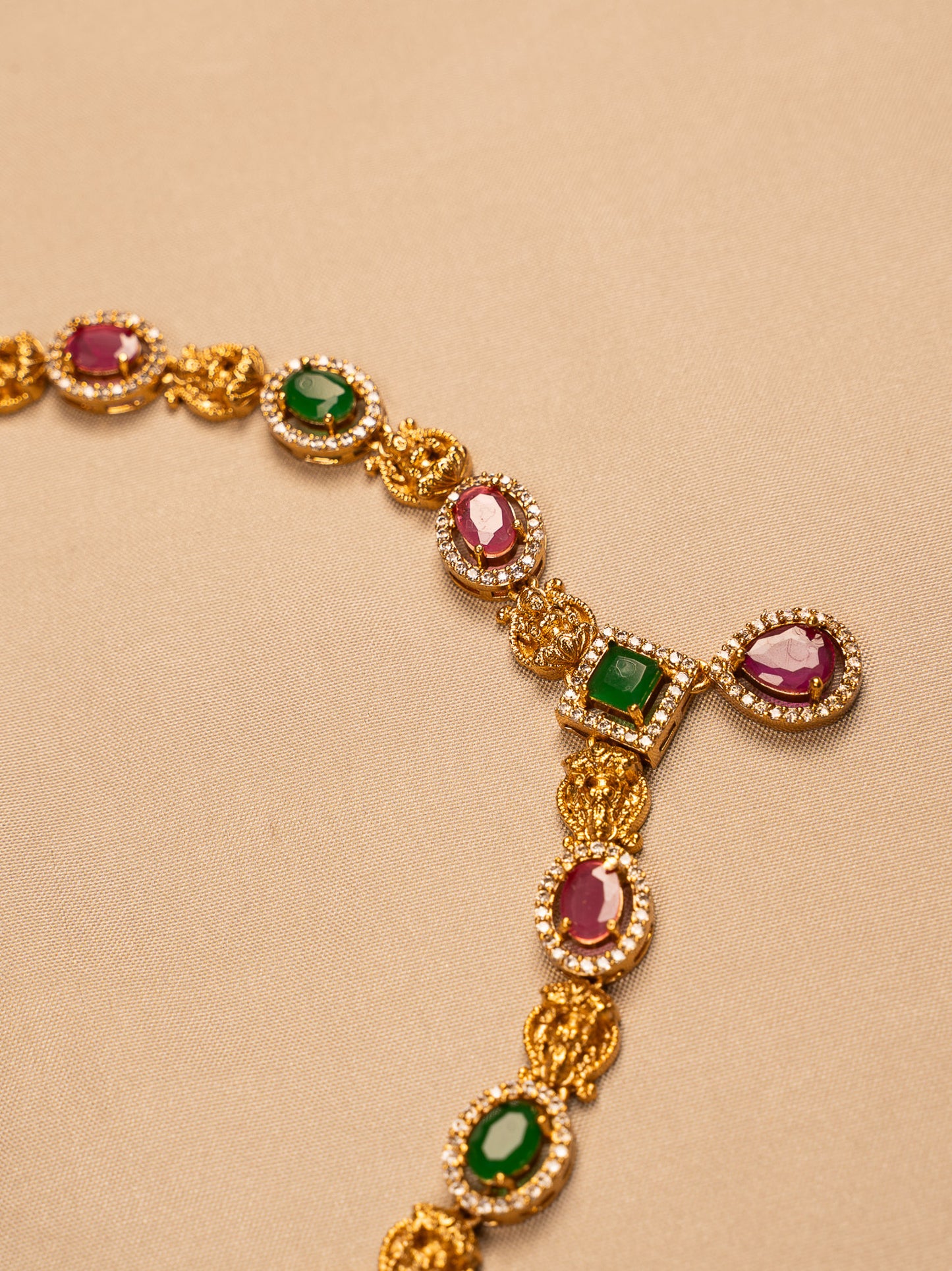 Regal Ruby and Emerald Necklace Set with Gold Filigree and CZ Accents
