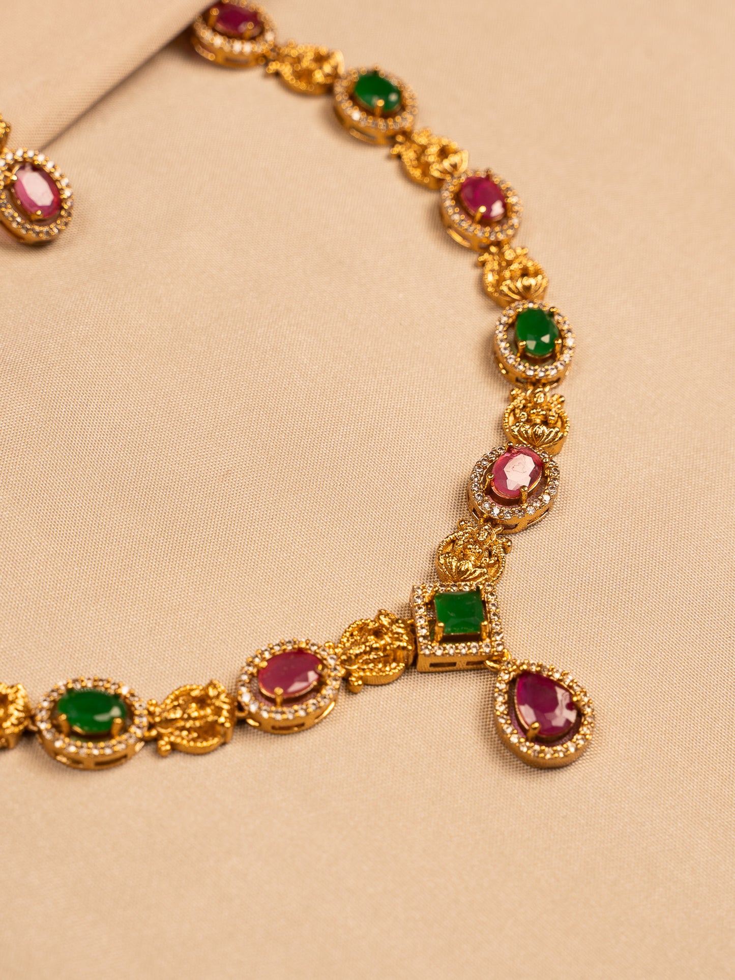 Regal Ruby and Emerald Necklace Set with Gold Filigree and CZ Accents
