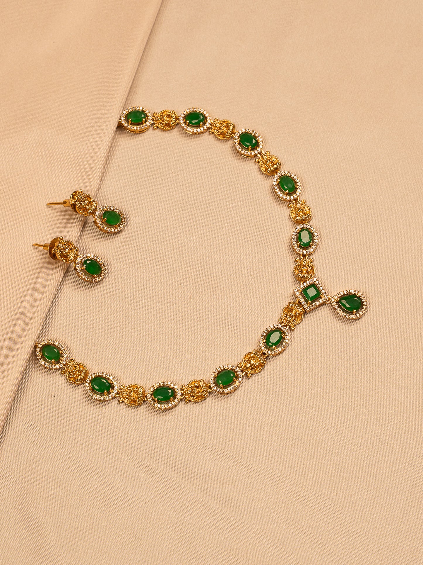 Elegant Green Stone Necklace Set with Gold Filigree Accents