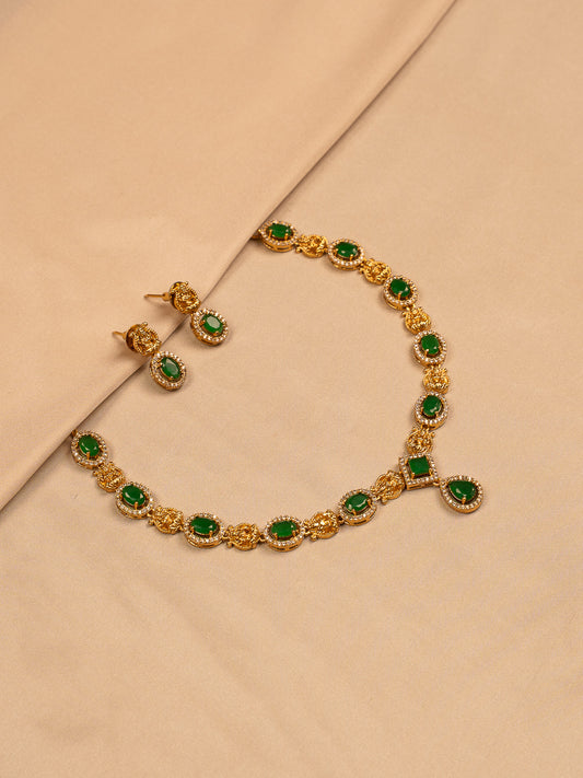 Elegant Green Stone Necklace Set with Gold Filigree Accents