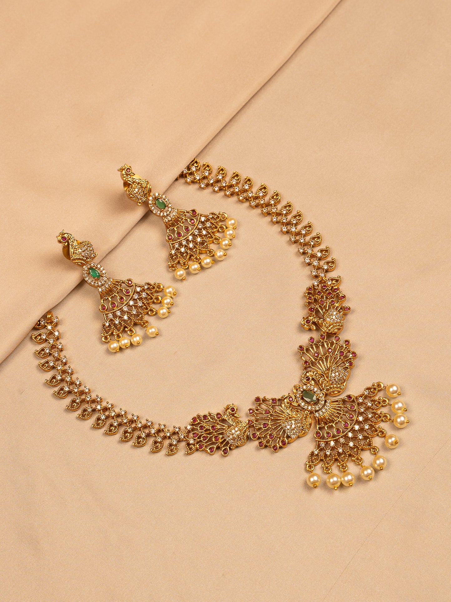 Regal Peacock Design Necklace Set with CZ and Pearl Drops