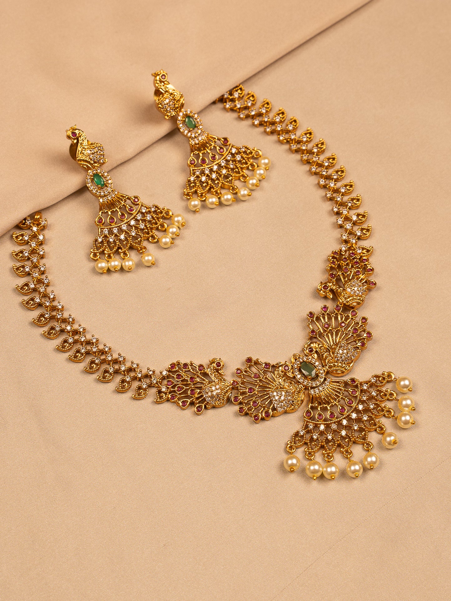 Regal Peacock Design Necklace Set with CZ and Pearl Drops