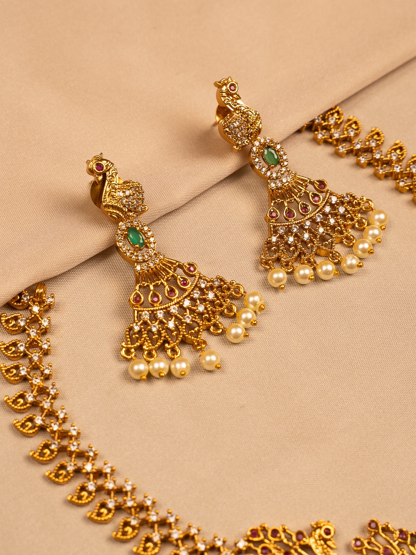 Regal Peacock Design Necklace Set with CZ and Pearl Drops