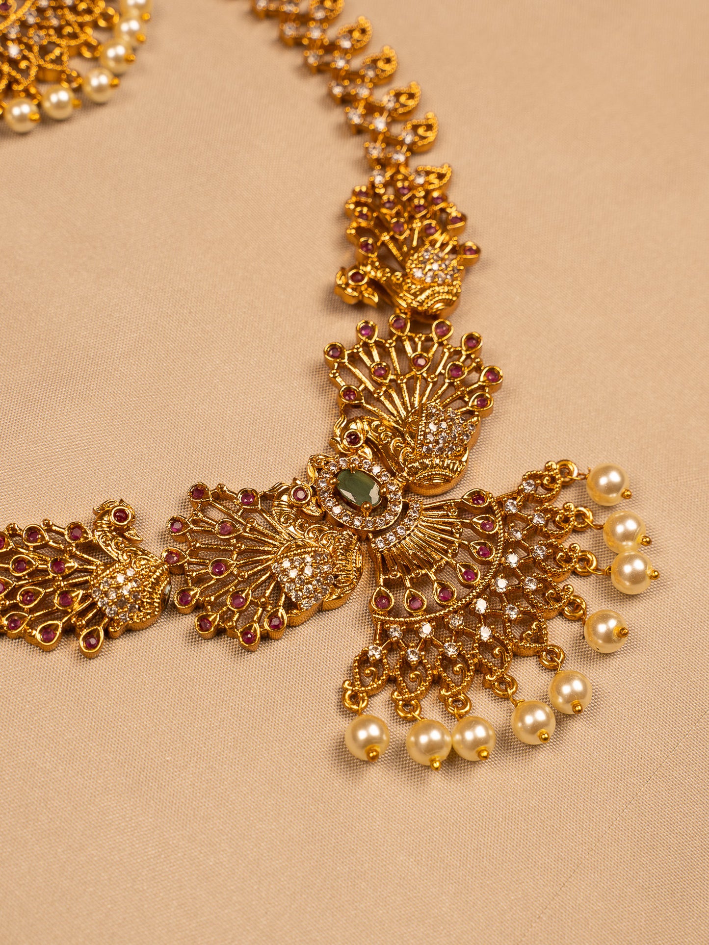 Regal Peacock Design Necklace Set with CZ and Pearl Drops