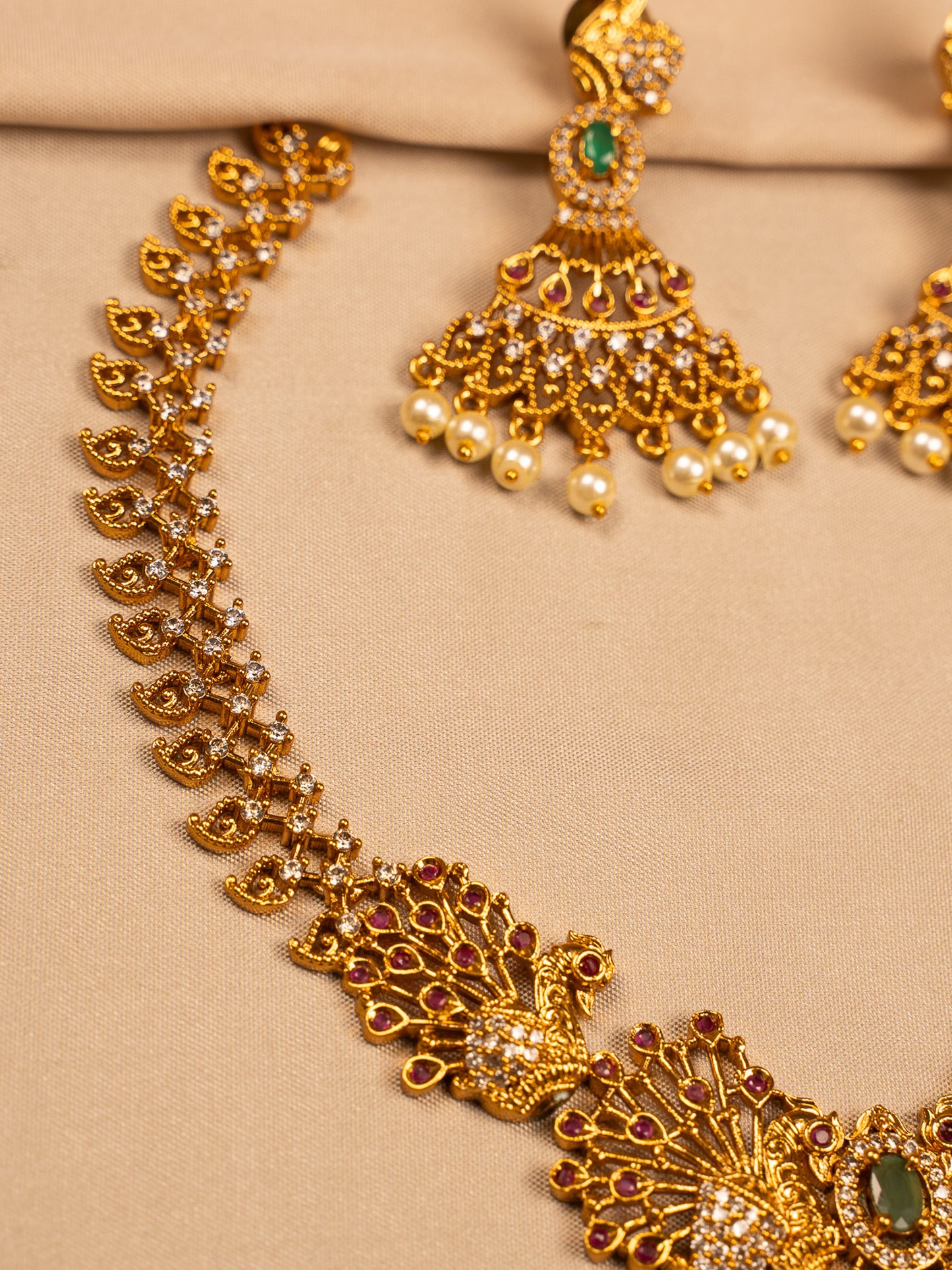 Regal Peacock Design Necklace Set with CZ and Pearl Drops