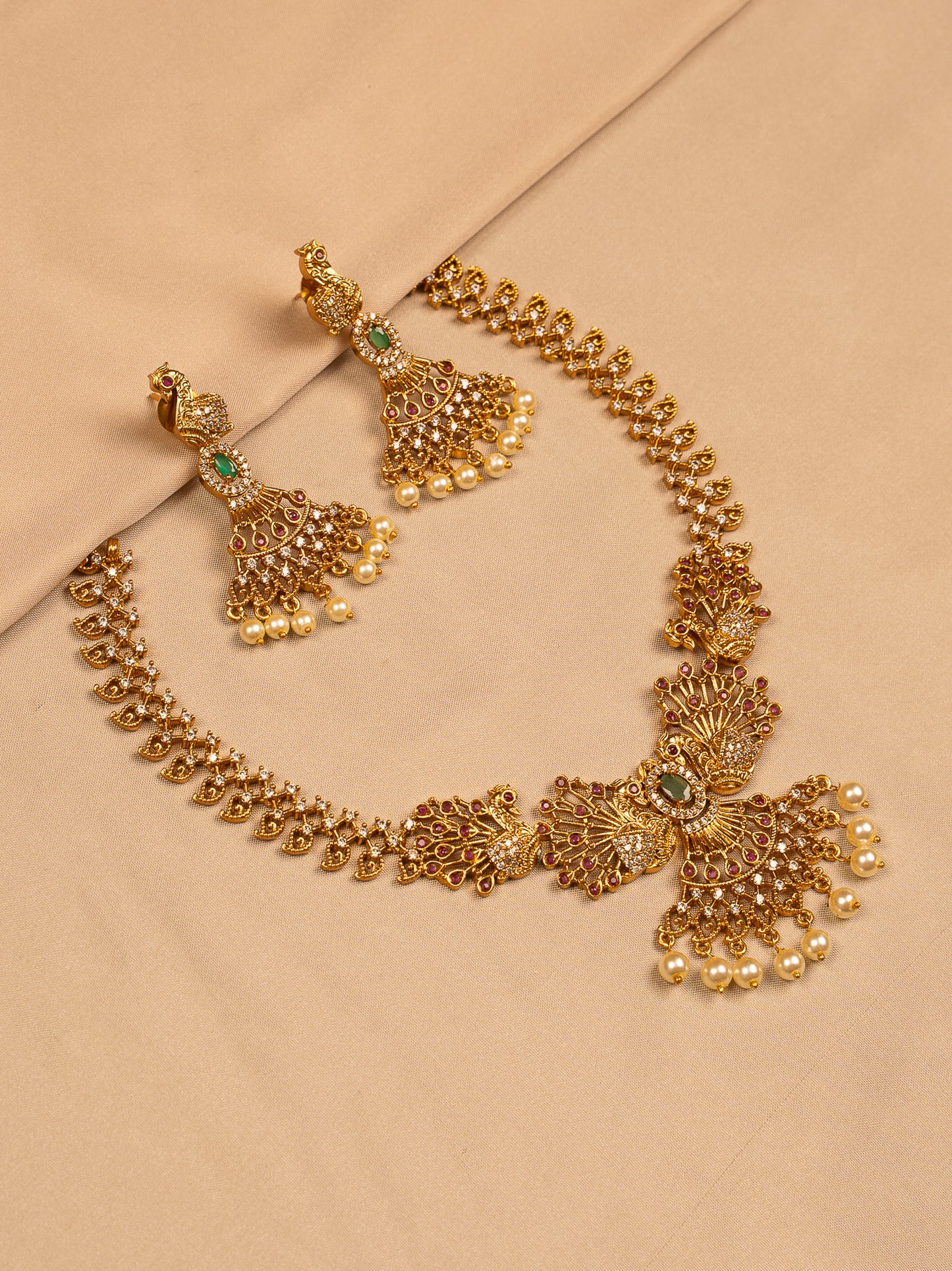 Regal Peacock Design Necklace Set with CZ and Pearl Drops